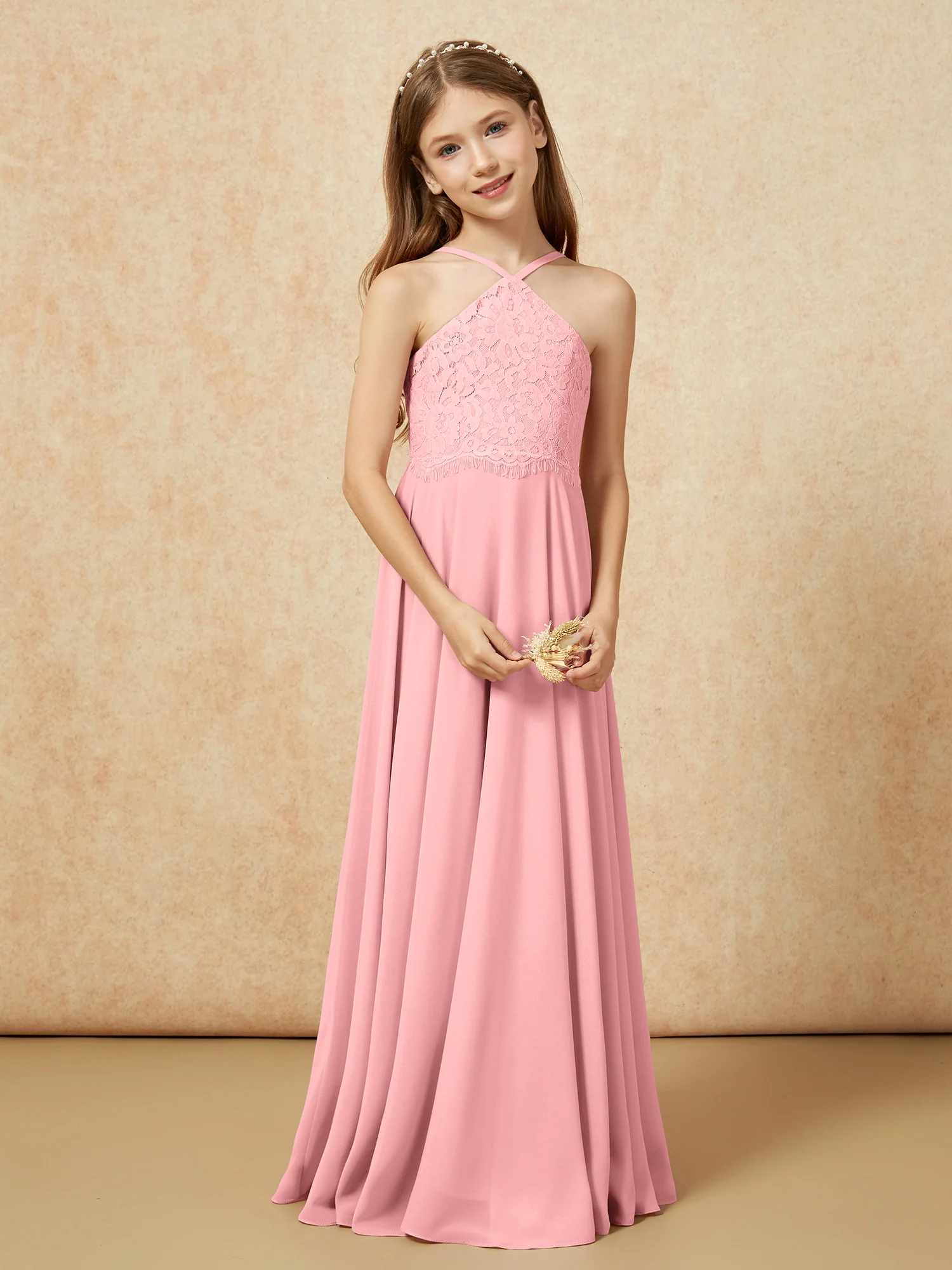 Halter Lace Top Long Chiffon Junior Bridesmaid Dress Flamingo - Image 5