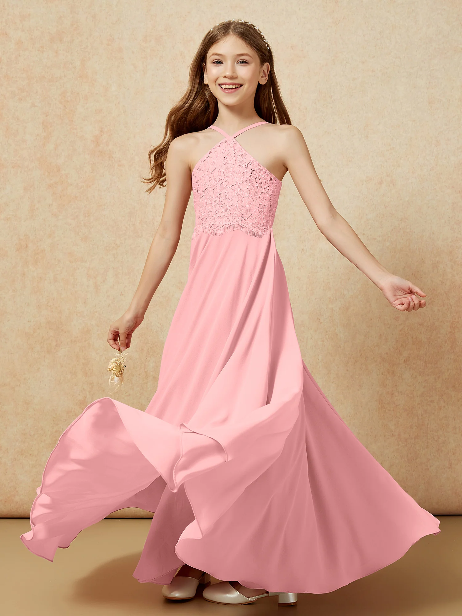 Halter Lace Top Long Chiffon Junior Bridesmaid Dress Flamingo - Image 6