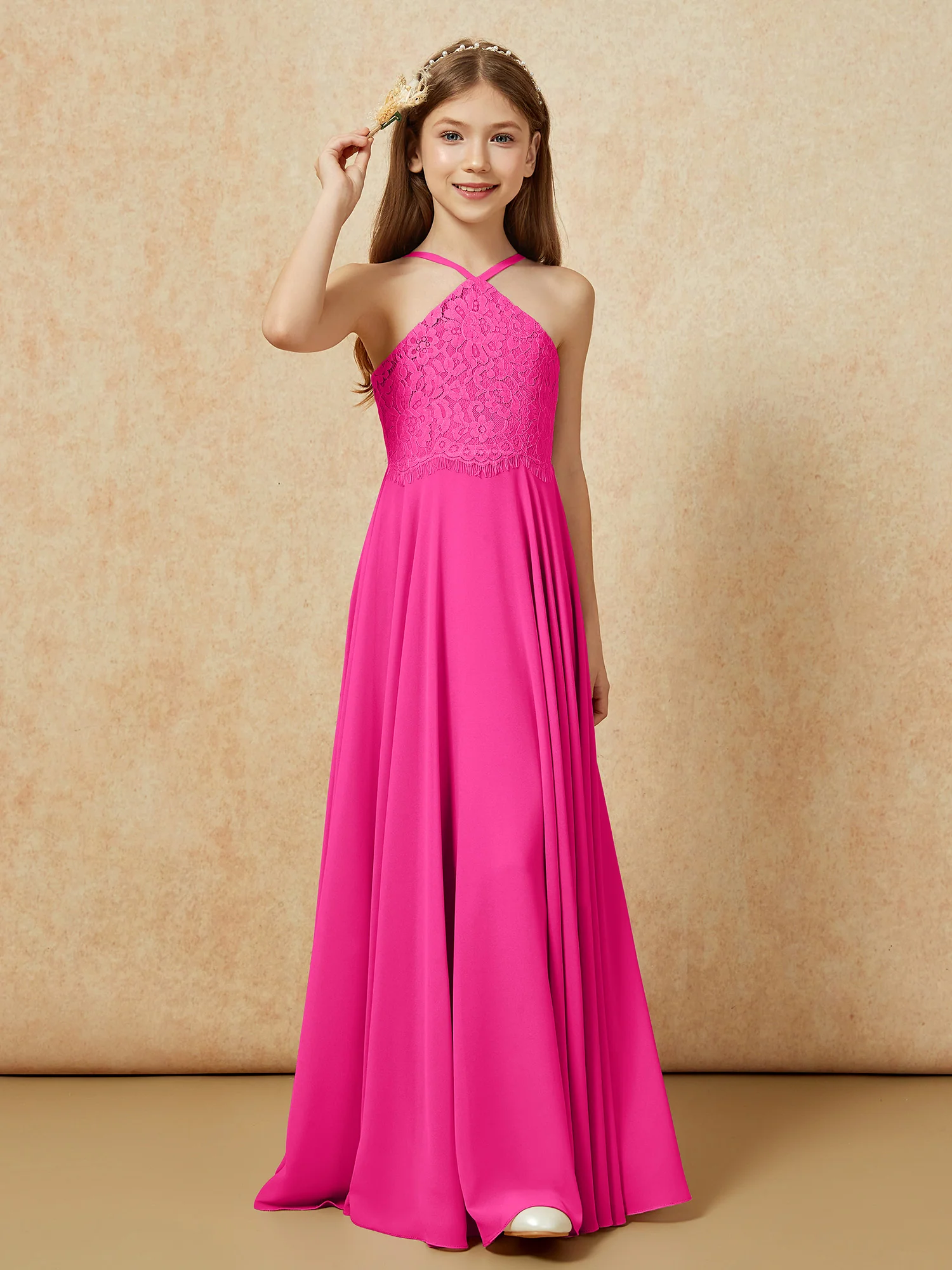 Halter Lace Top Long Chiffon Junior Bridesmaid Dress Fuchsia
