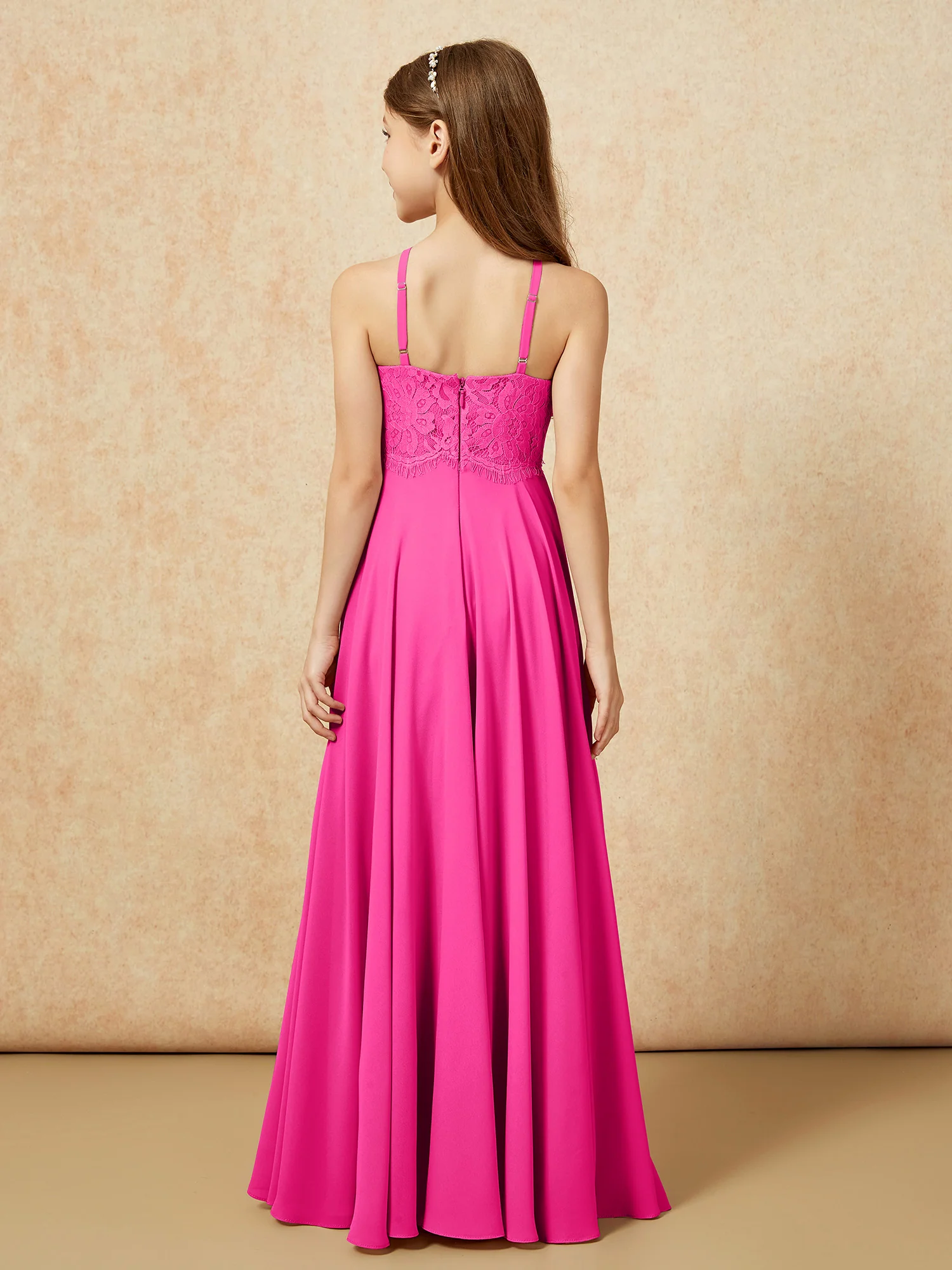 Halter Lace Top Long Chiffon Junior Bridesmaid Dress Fuchsia - Image 2