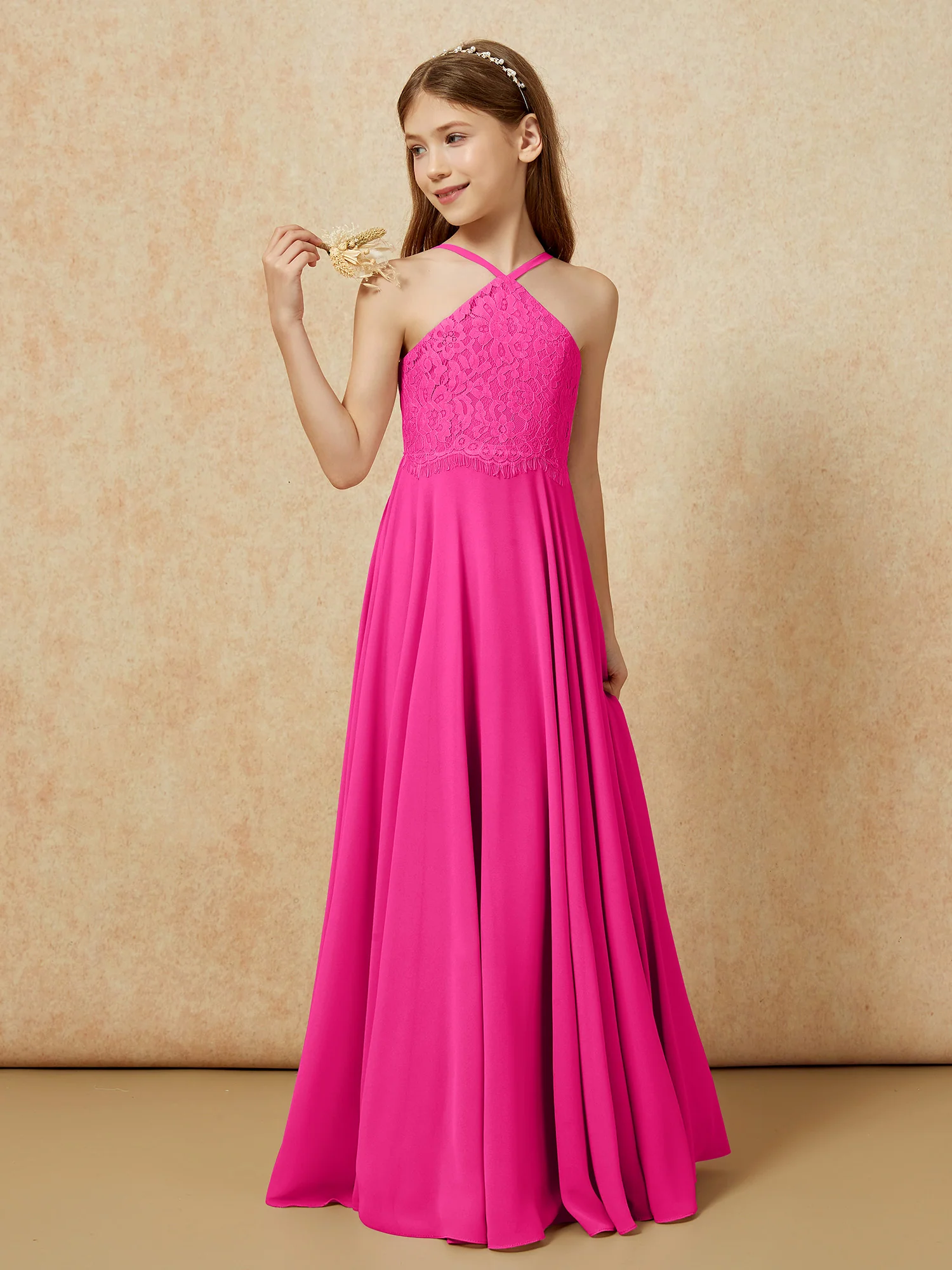 Halter Lace Top Long Chiffon Junior Bridesmaid Dress Fuchsia - Image 3