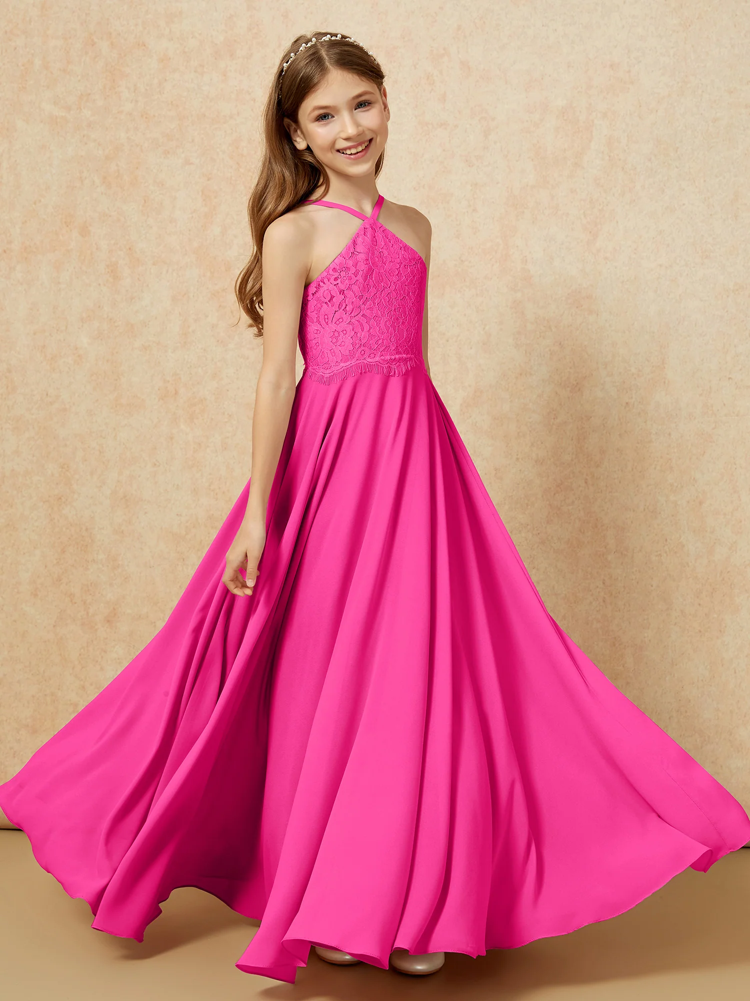 Halter Lace Top Long Chiffon Junior Bridesmaid Dress Fuchsia - Image 4