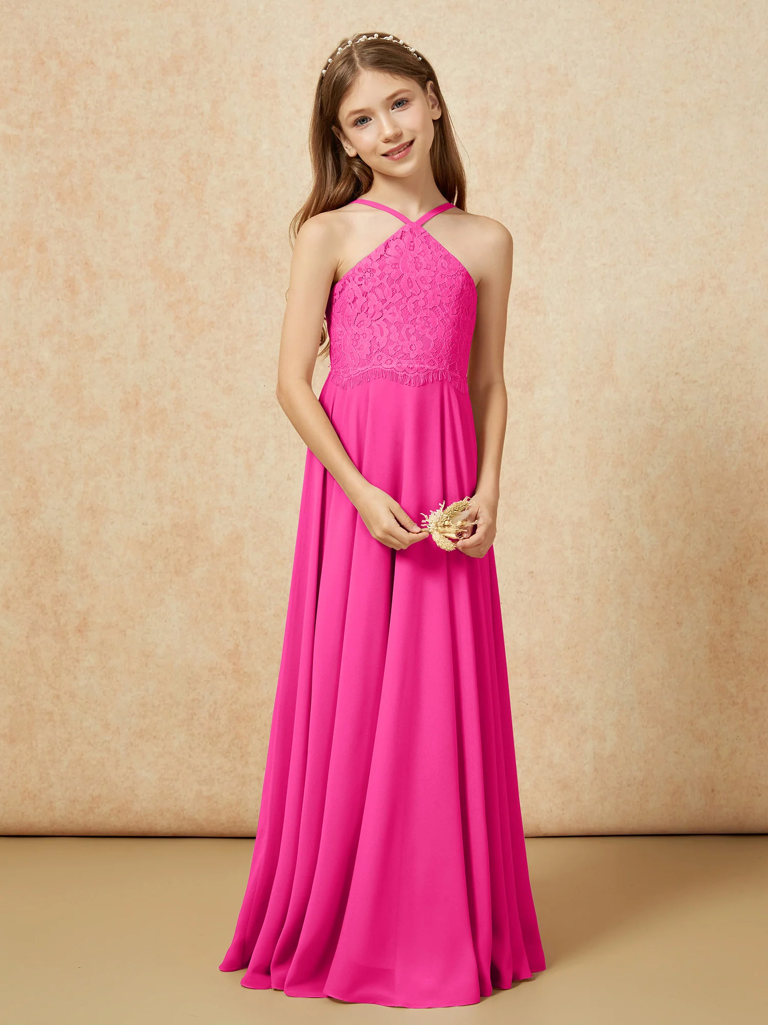 Halter Lace Top Long Chiffon Junior Bridesmaid Dress Fuchsia - Image 5