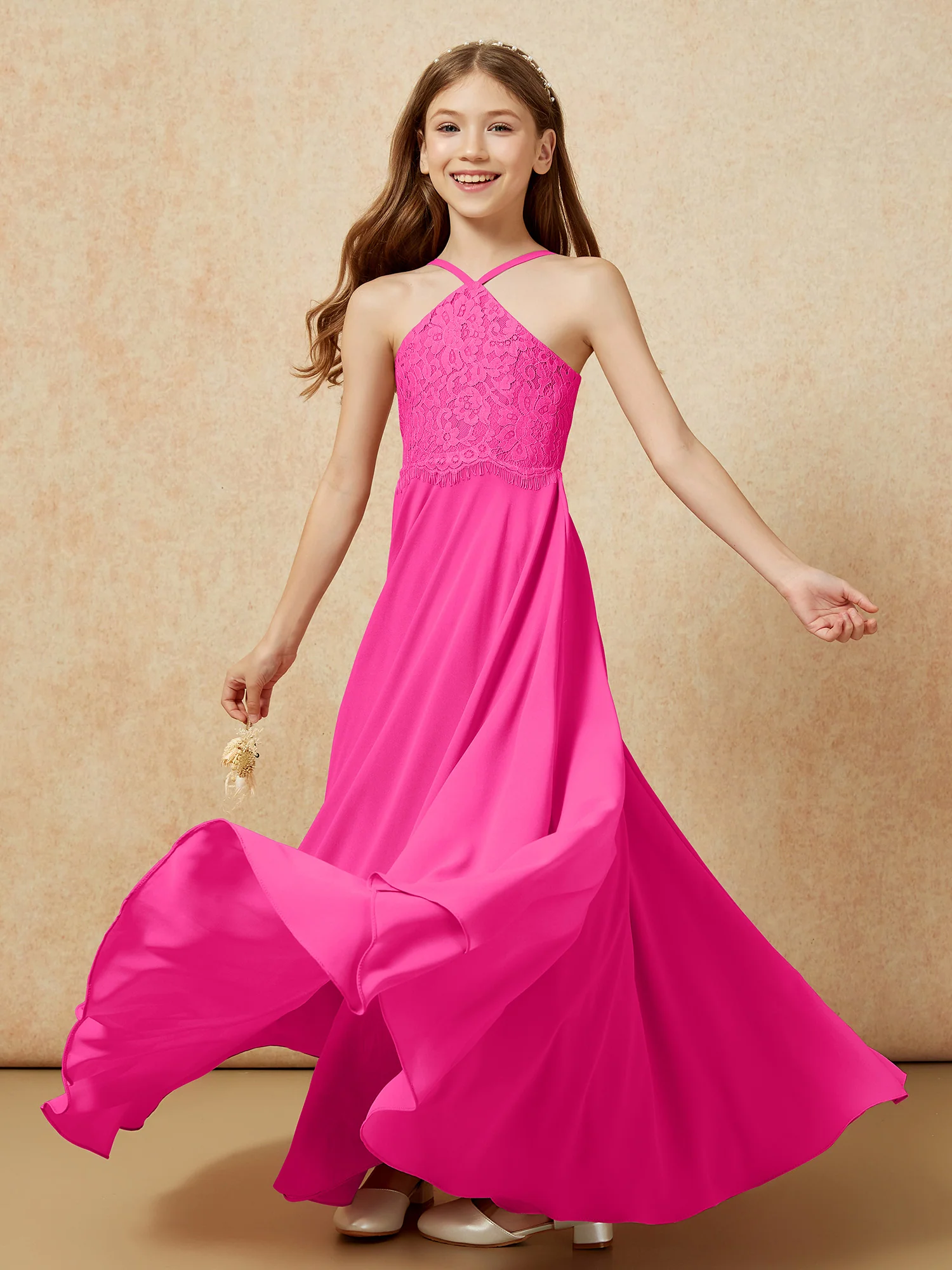 Halter Lace Top Long Chiffon Junior Bridesmaid Dress Fuchsia - Image 6