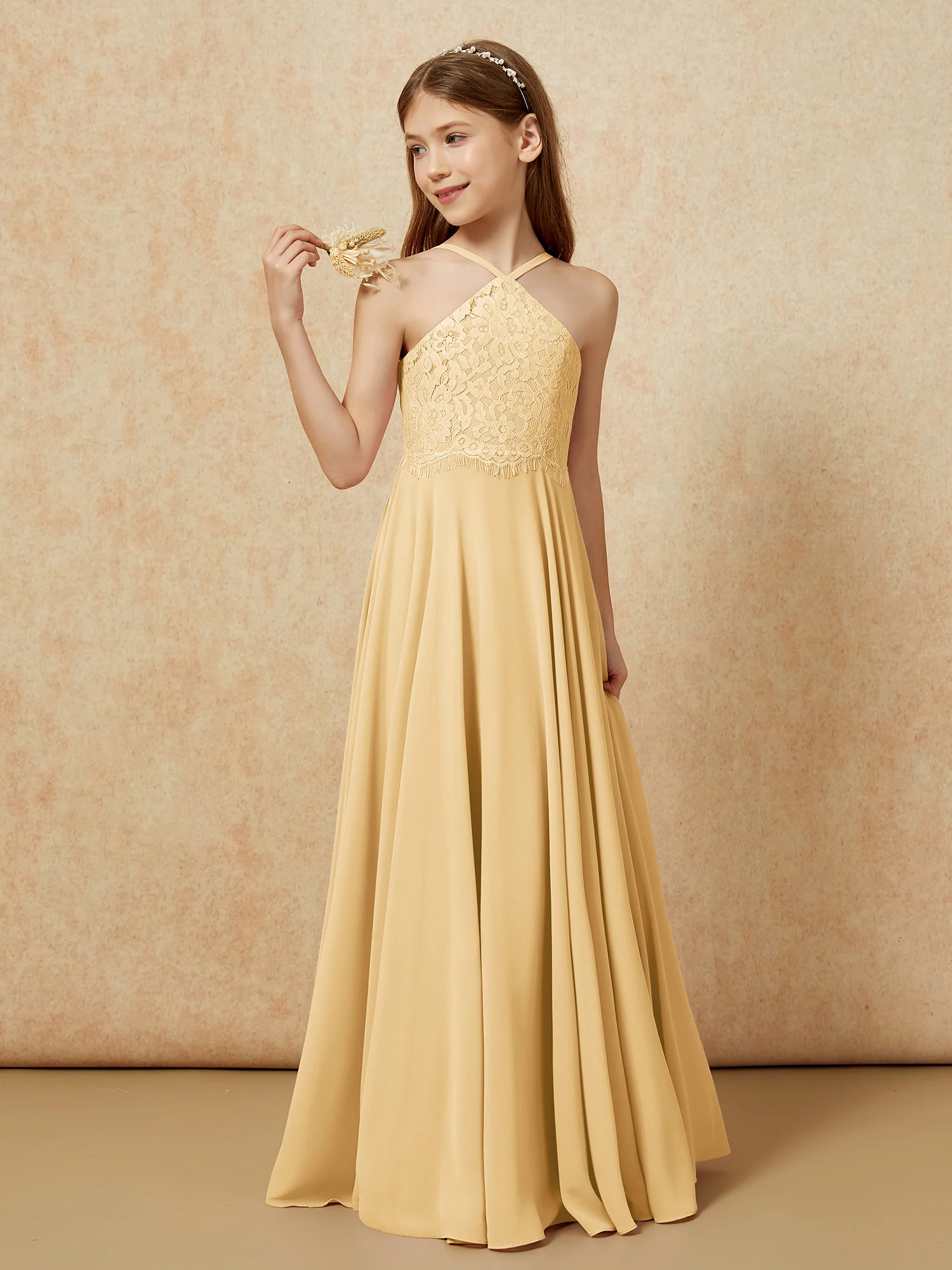 Halter Lace Top Long Chiffon Junior Bridesmaid Dress Gold - Image 3