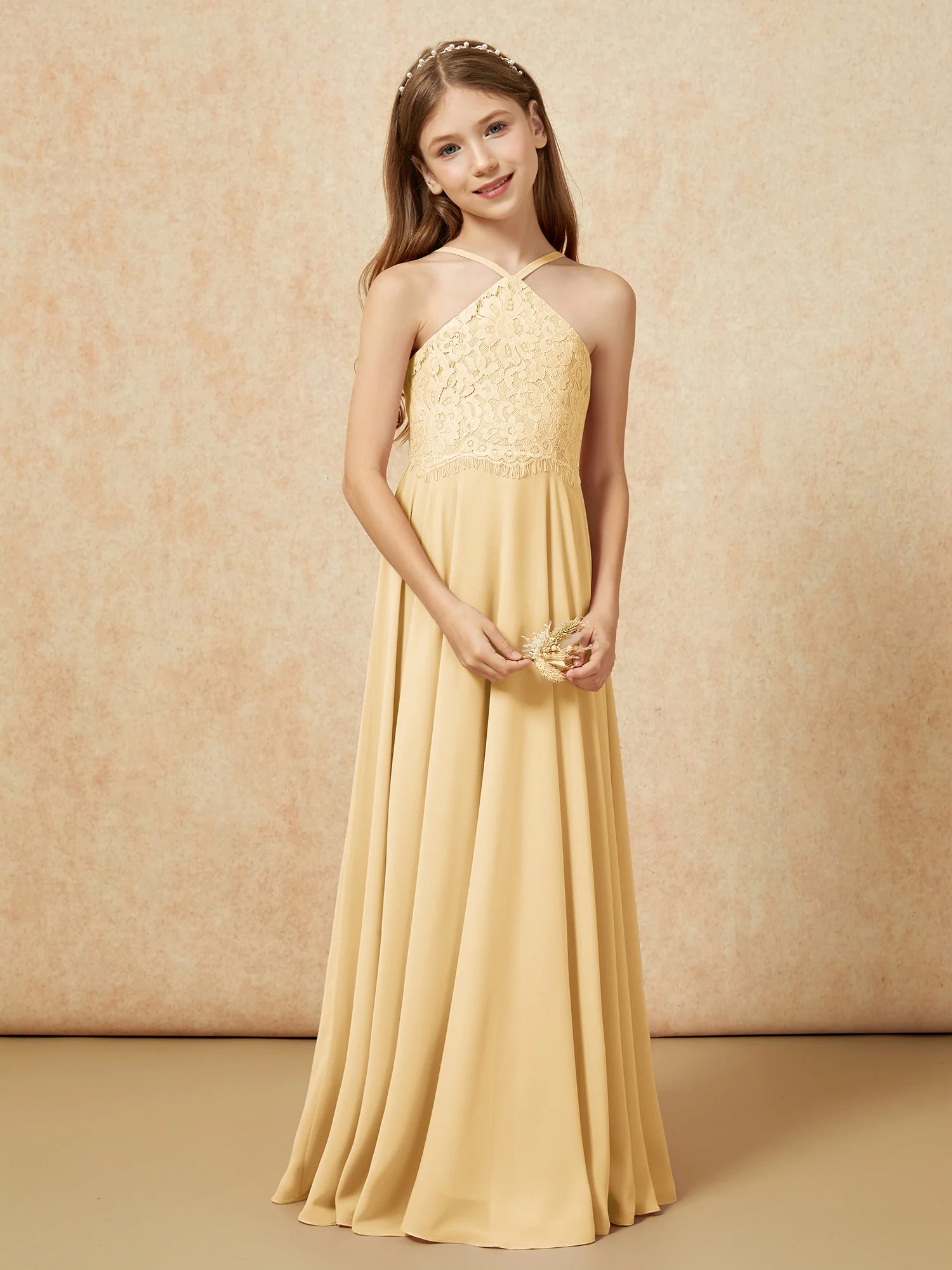 Halter Lace Top Long Chiffon Junior Bridesmaid Dress Gold - Image 5