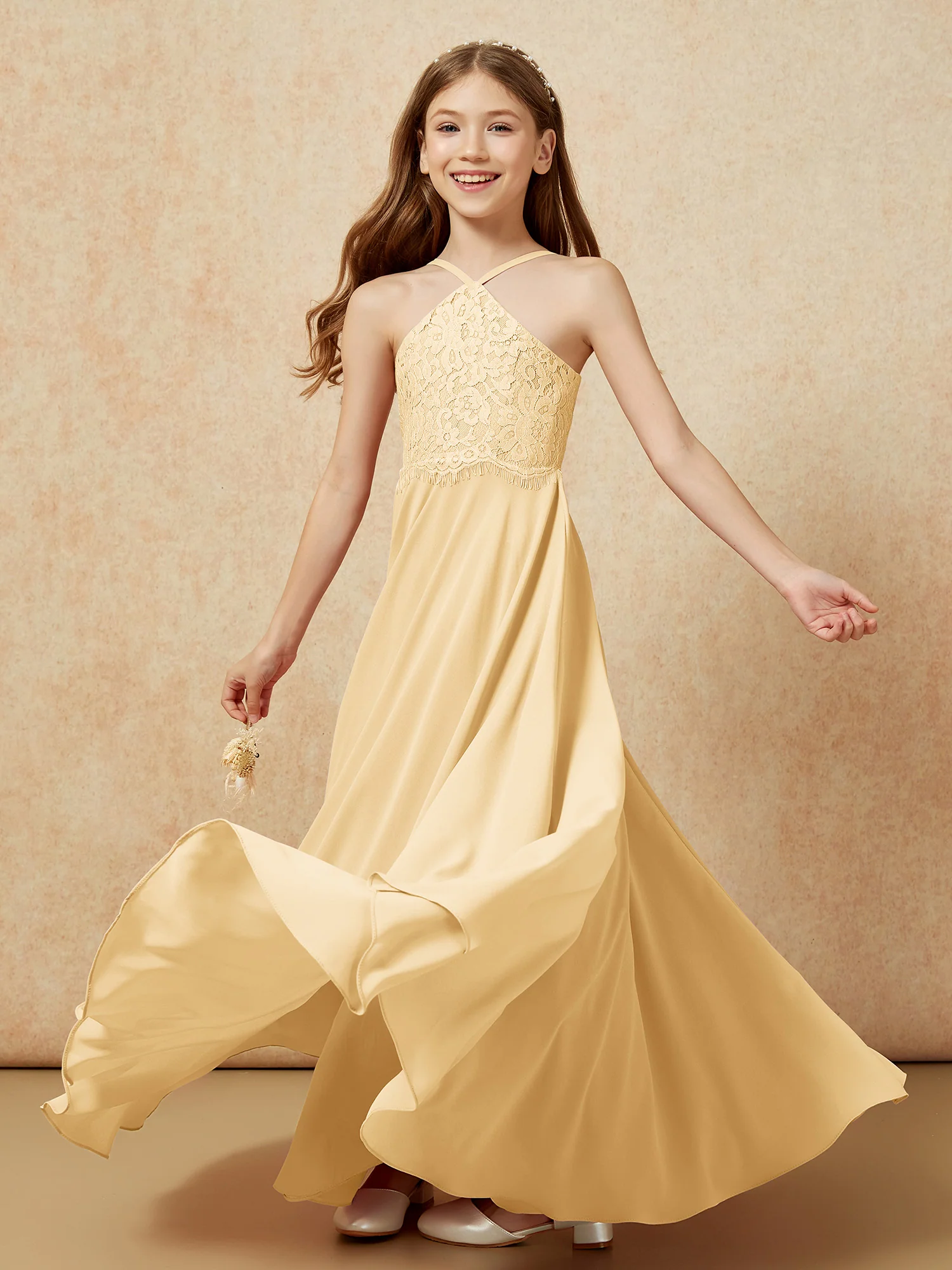 Halter Lace Top Long Chiffon Junior Bridesmaid Dress Gold - Image 6