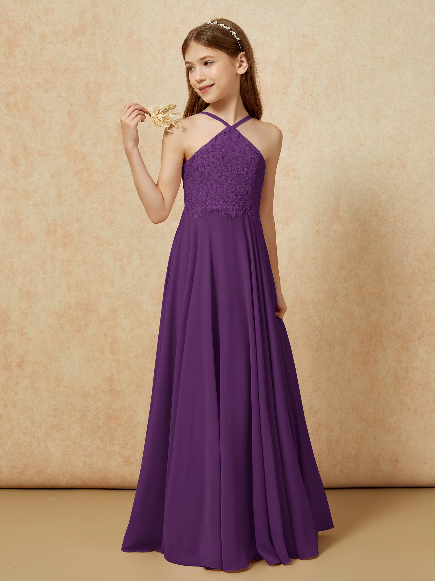 Halter Lace Top Long Chiffon Junior Bridesmaid Dress Grape - Image 3