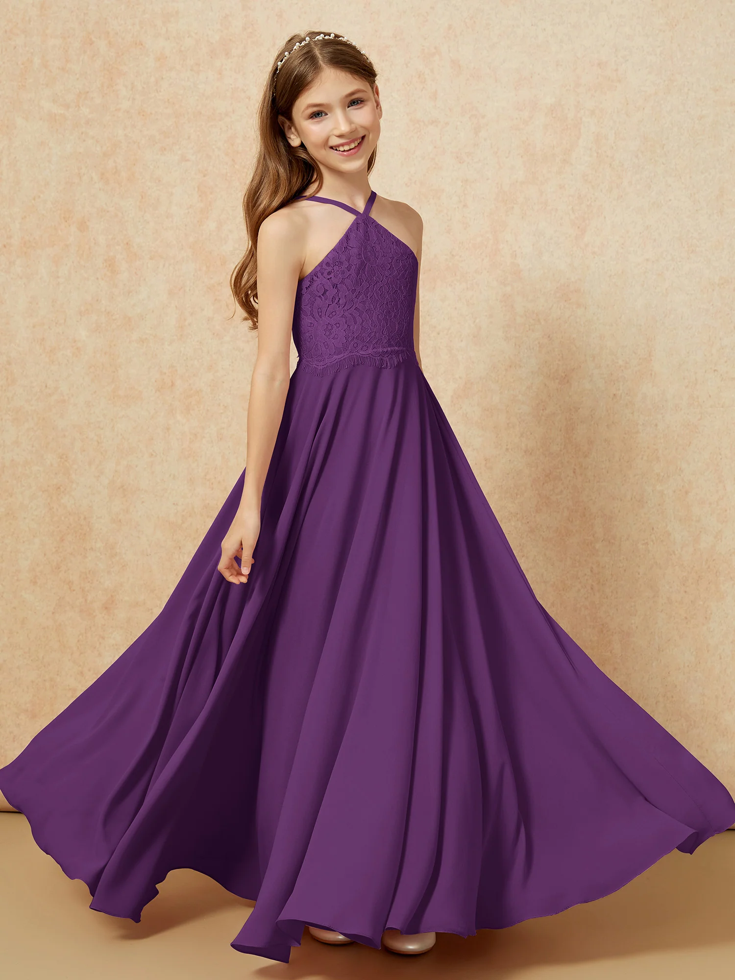 Halter Lace Top Long Chiffon Junior Bridesmaid Dress Grape - Image 4