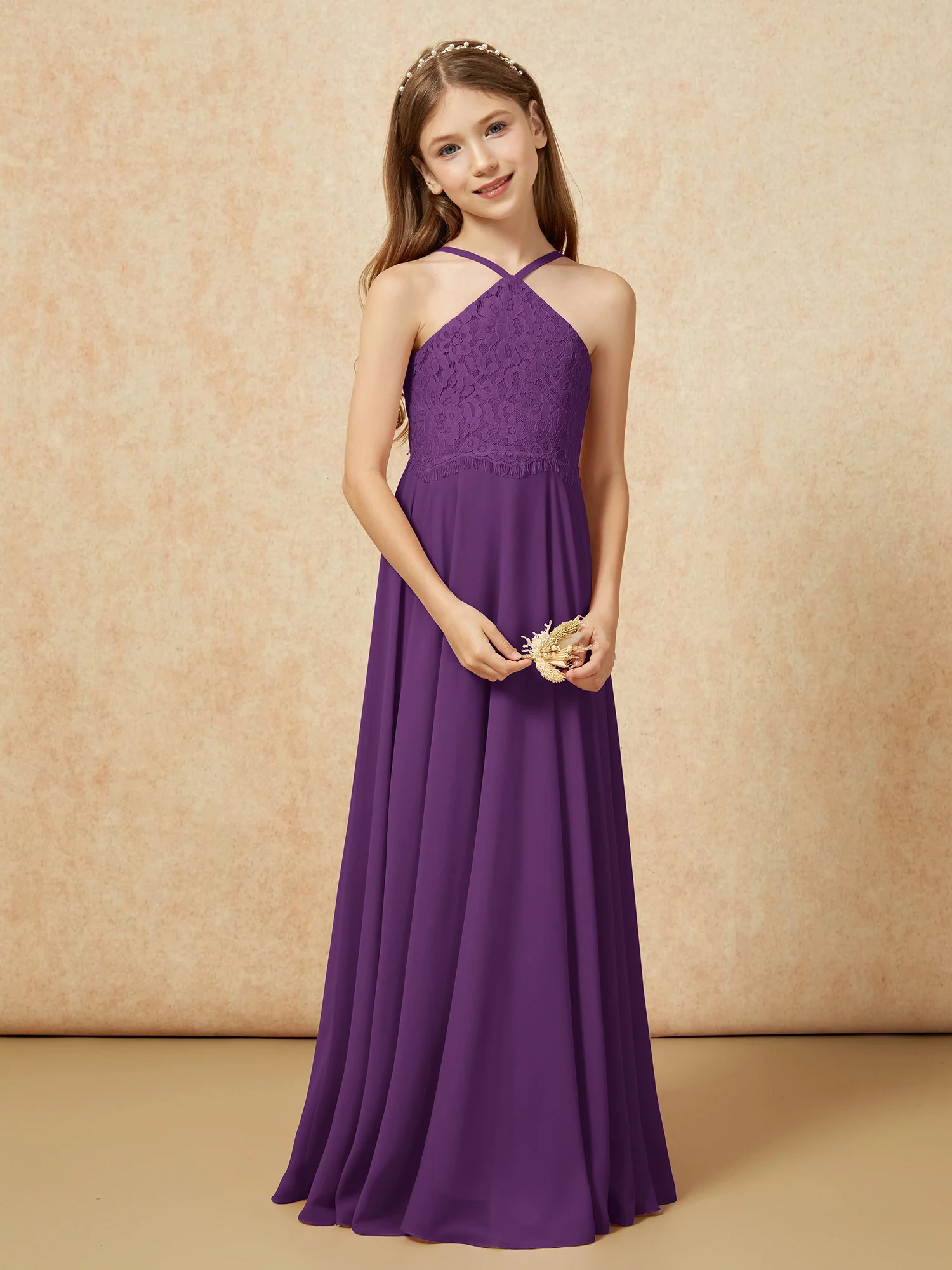 Halter Lace Top Long Chiffon Junior Bridesmaid Dress Grape - Image 5