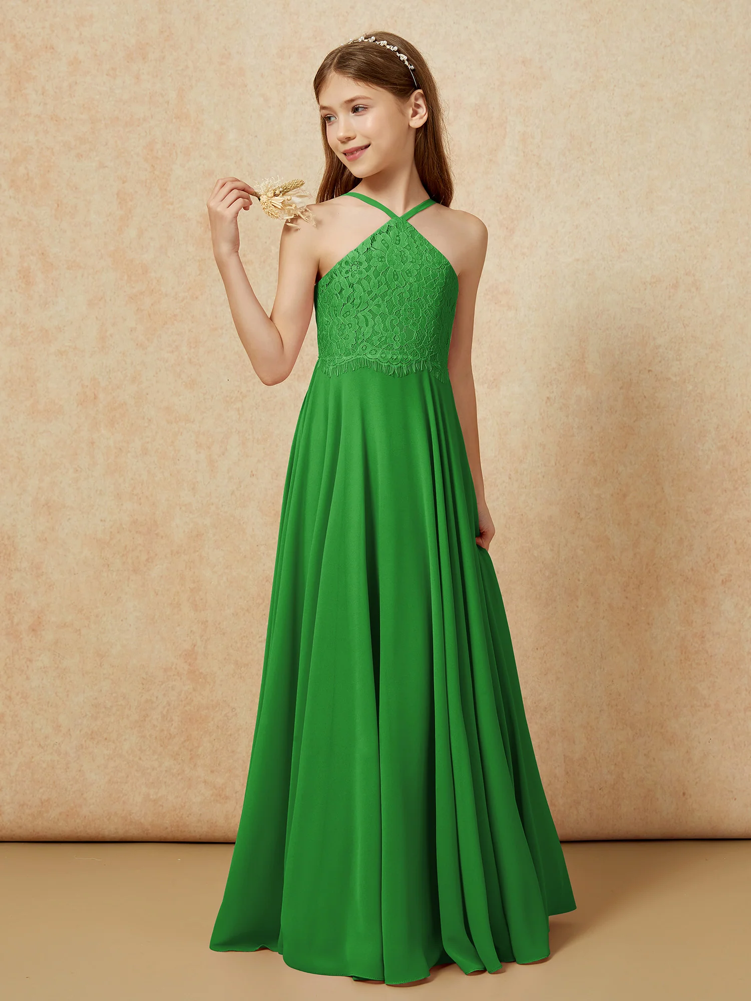 Halter Lace Top Long Chiffon Junior Bridesmaid Dress Green - Image 3