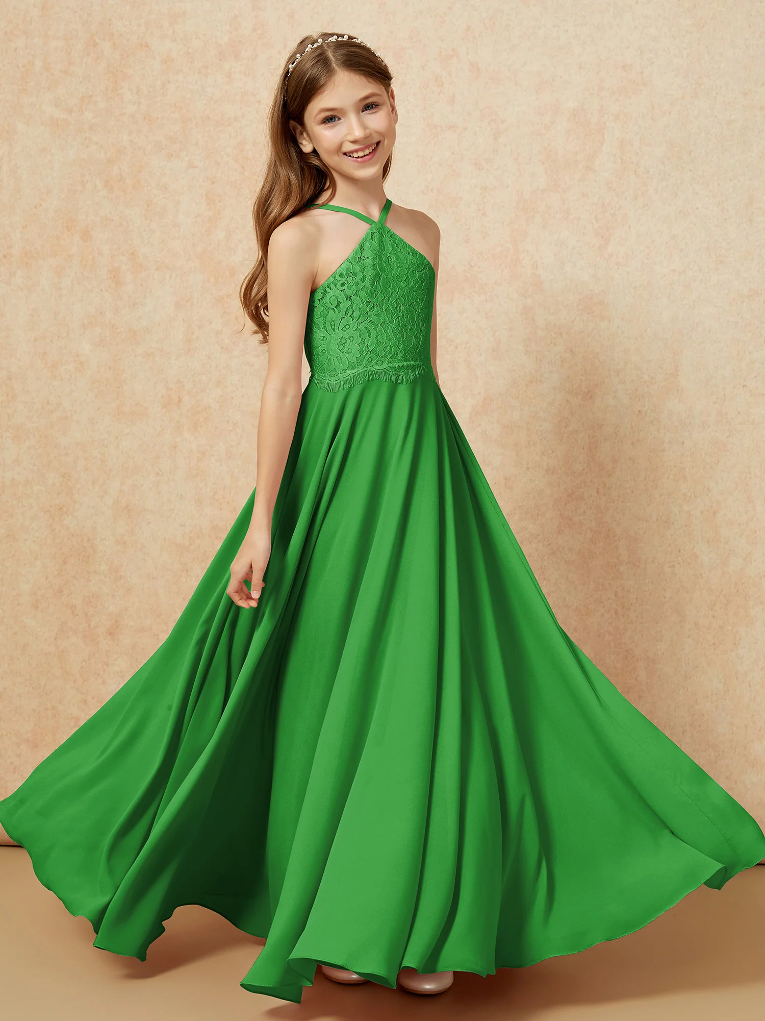 Halter Lace Top Long Chiffon Junior Bridesmaid Dress Green - Image 4