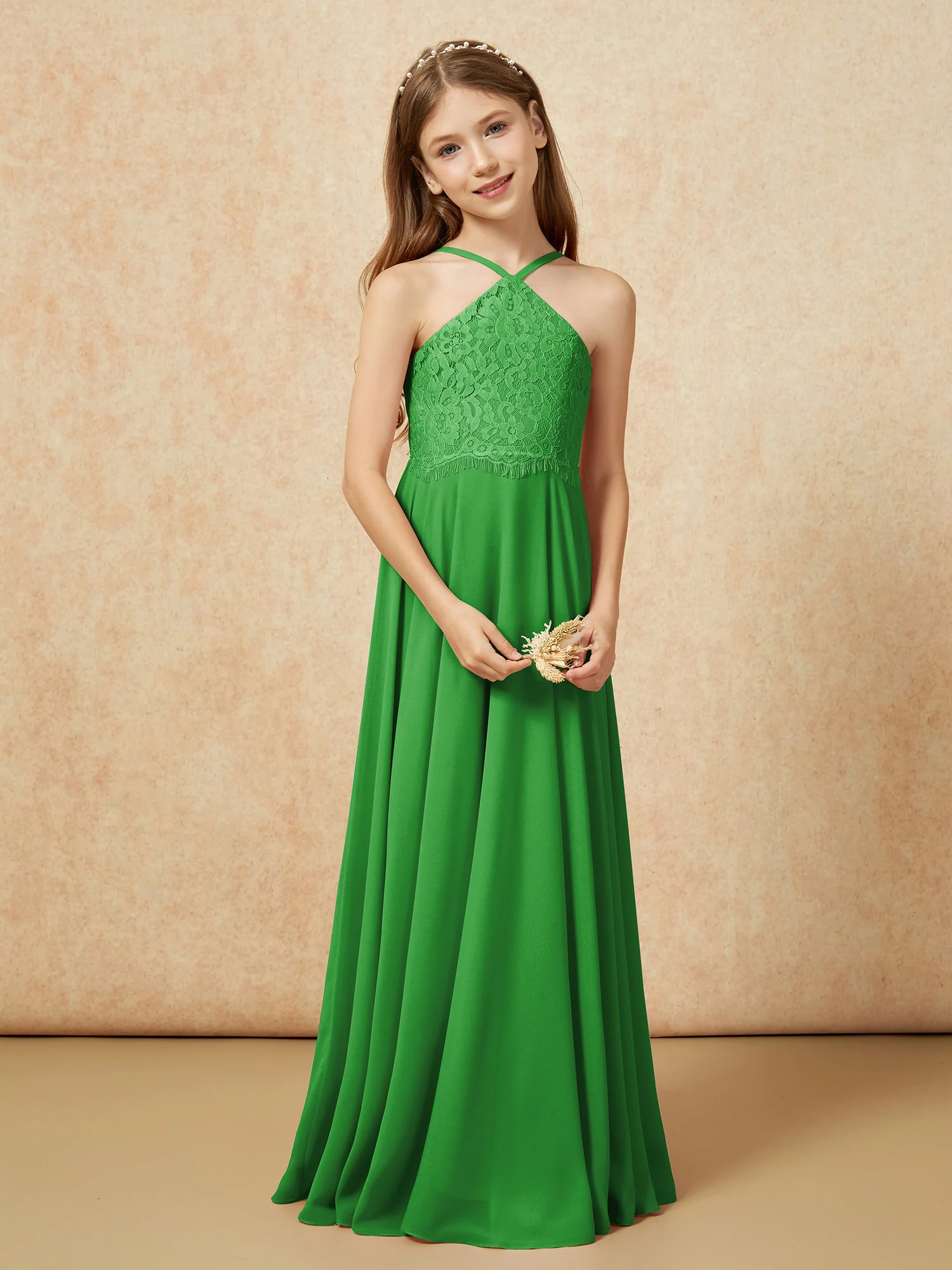 Halter Lace Top Long Chiffon Junior Bridesmaid Dress Green - Image 5