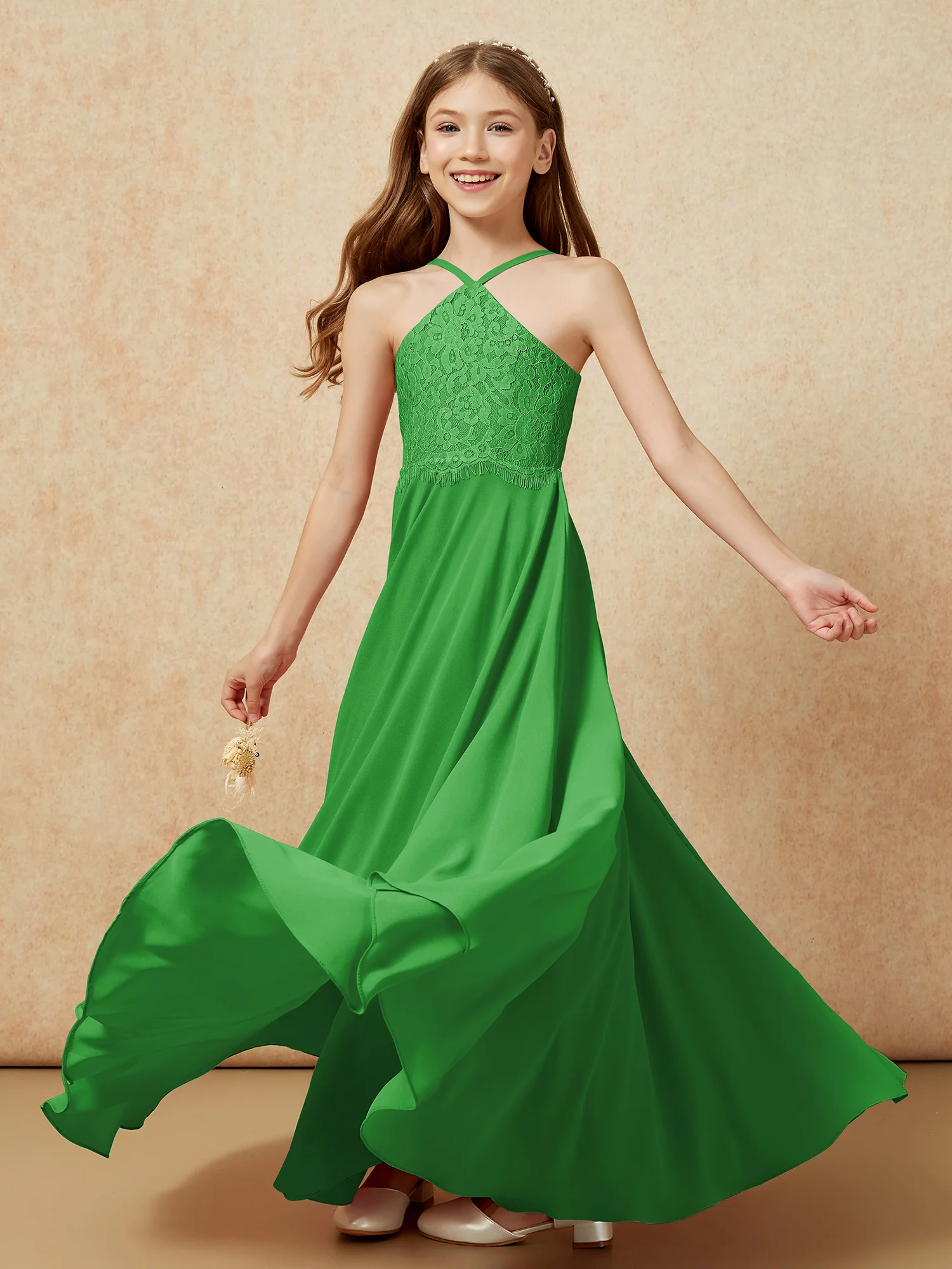 Halter Lace Top Long Chiffon Junior Bridesmaid Dress Green - Image 6