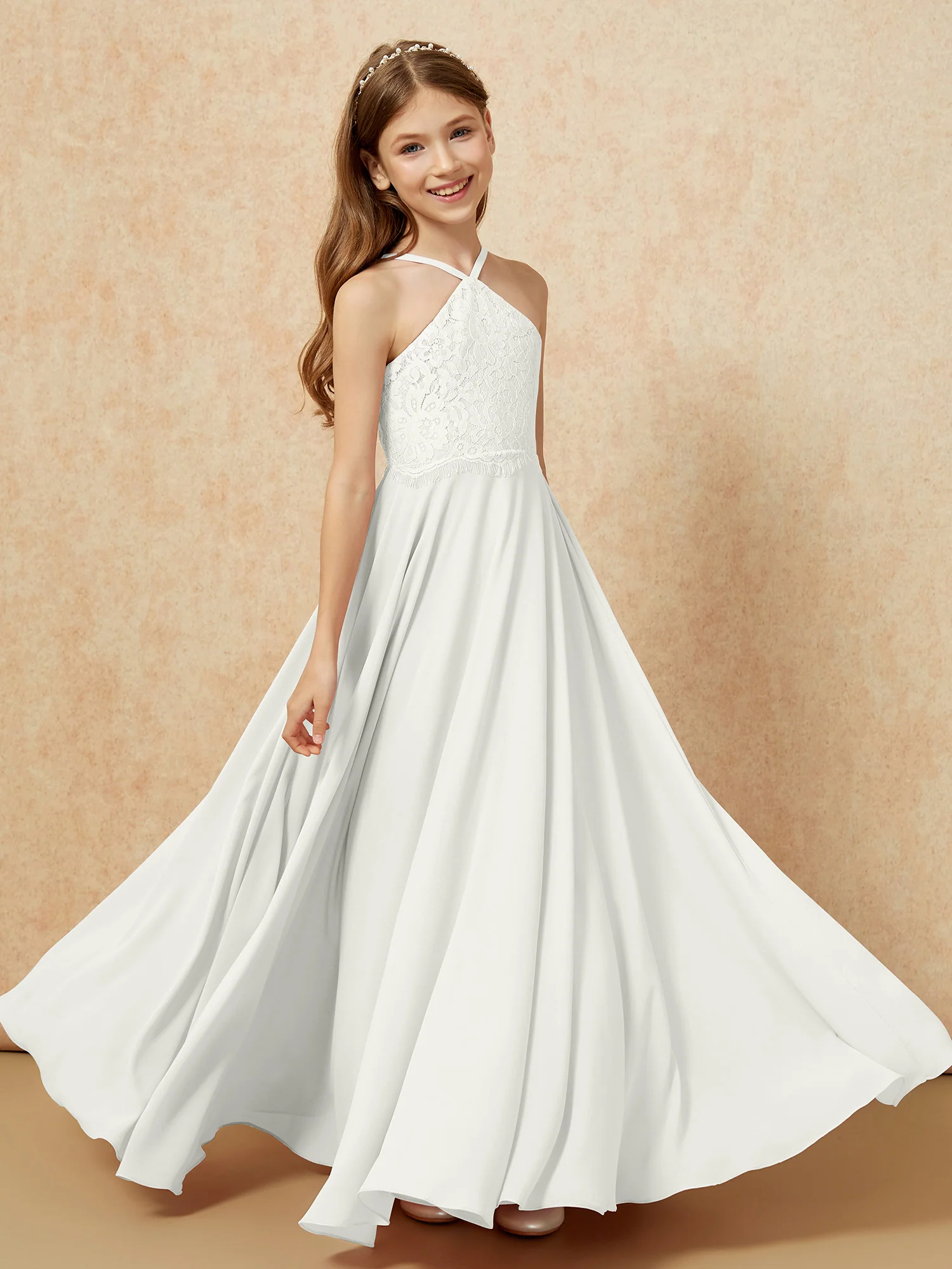Halter Lace Top Long Chiffon Junior Bridesmaid Dress Ivory - Image 4