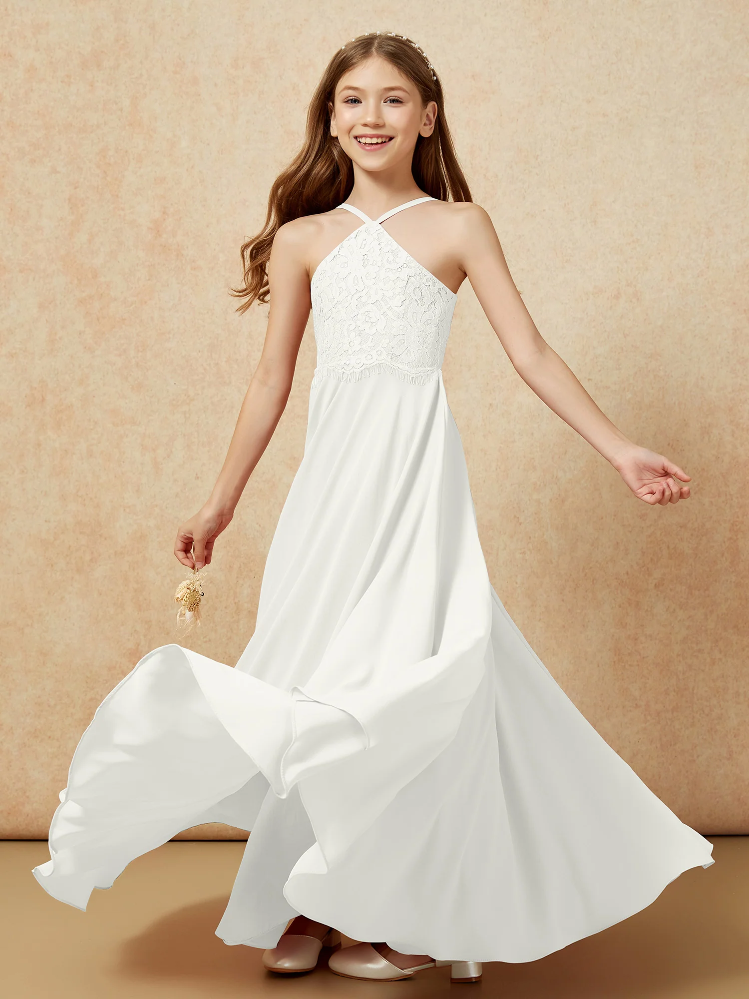 Halter Lace Top Long Chiffon Junior Bridesmaid Dress Ivory - Image 6