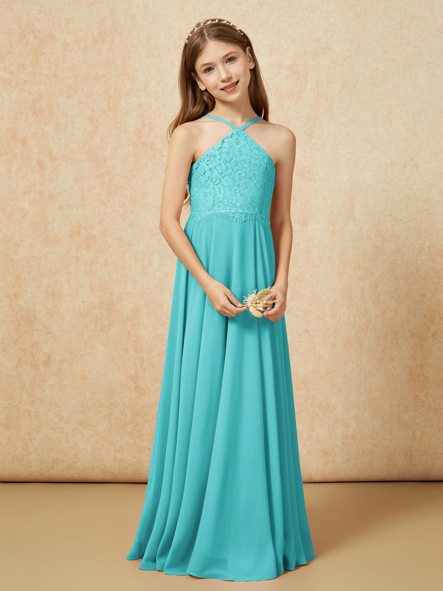 Halter Lace Top Long Chiffon Junior Bridesmaid Dress Jade - Image 5