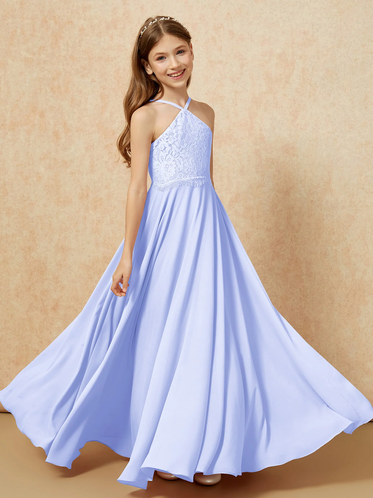 Halter Lace Top Long Chiffon Junior Bridesmaid Dress Lavender - Image 4