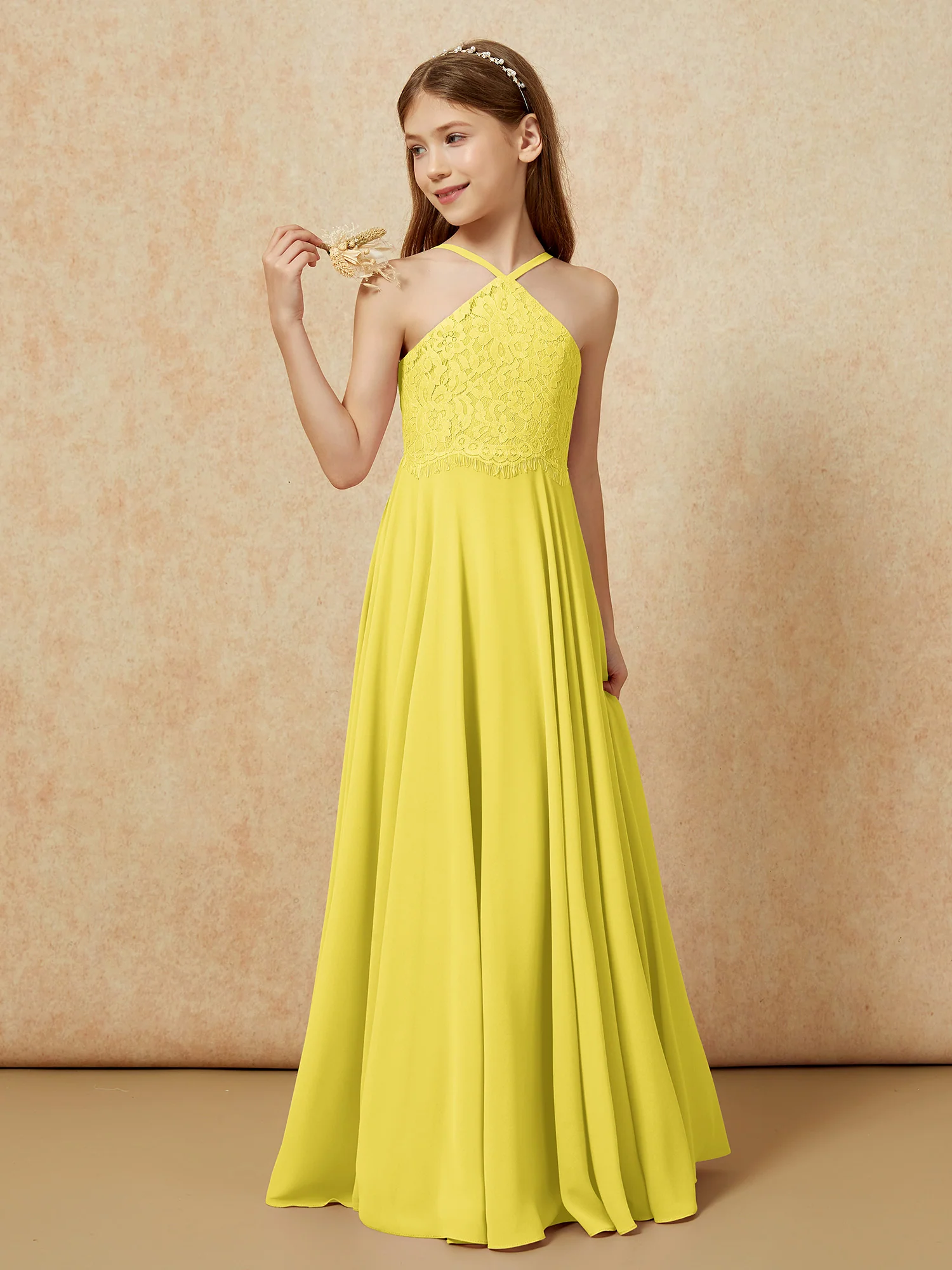Halter Lace Top Long Chiffon Junior Bridesmaid Dress Lemon - Image 3
