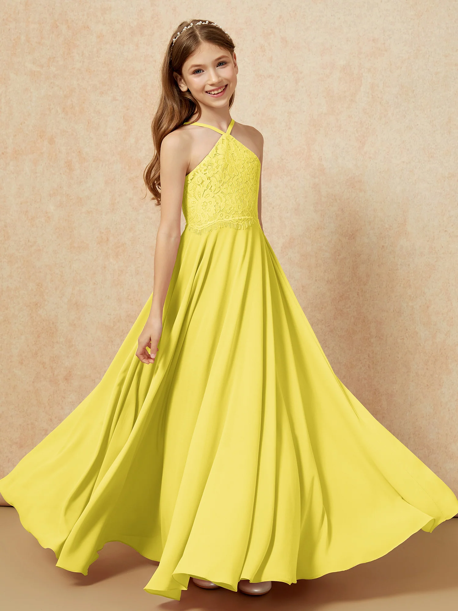 Halter Lace Top Long Chiffon Junior Bridesmaid Dress Lemon - Image 4
