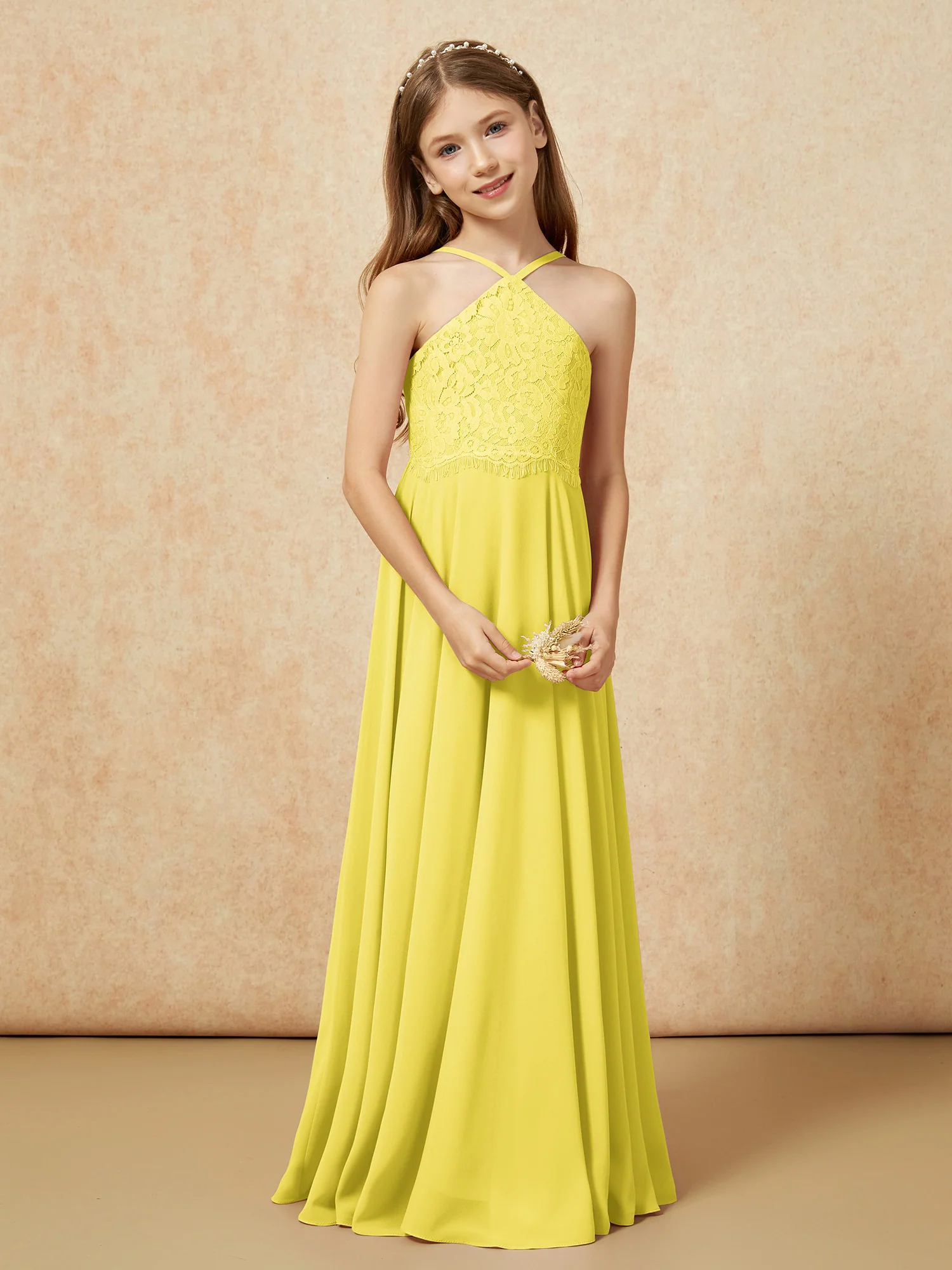 Halter Lace Top Long Chiffon Junior Bridesmaid Dress Lemon - Image 5