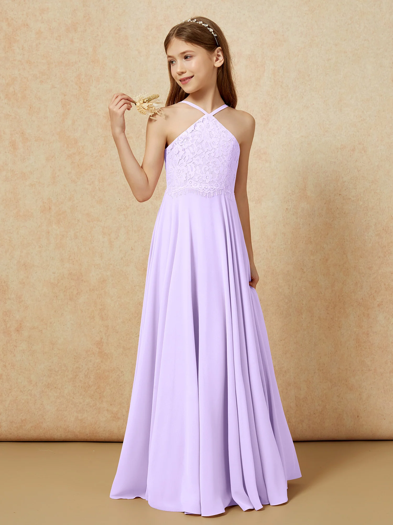 Halter Lace Top Long Chiffon Junior Bridesmaid Dress Lilac - Image 3