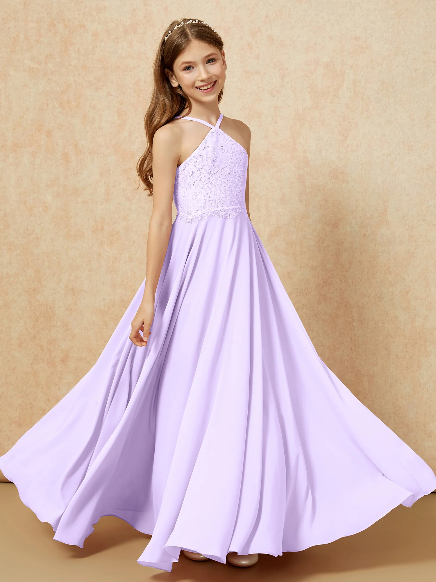 Halter Lace Top Long Chiffon Junior Bridesmaid Dress Lilac - Image 4