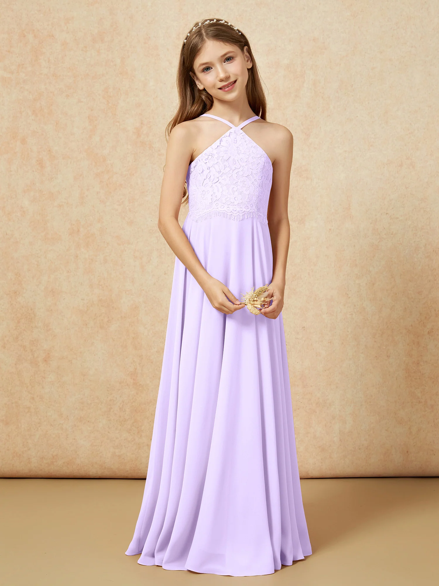 Halter Lace Top Long Chiffon Junior Bridesmaid Dress Lilac - Image 5