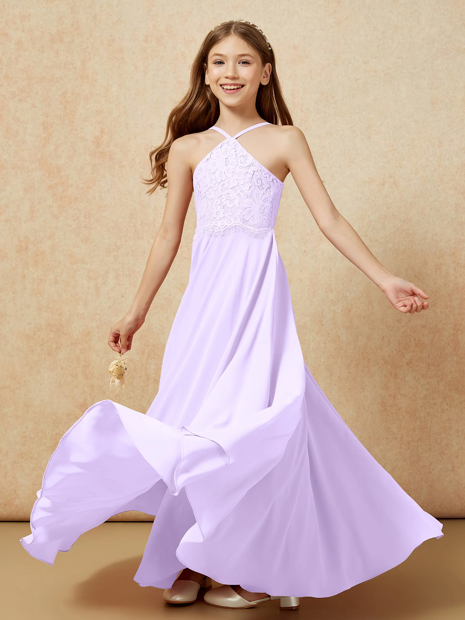 Halter Lace Top Long Chiffon Junior Bridesmaid Dress Lilac - Image 6
