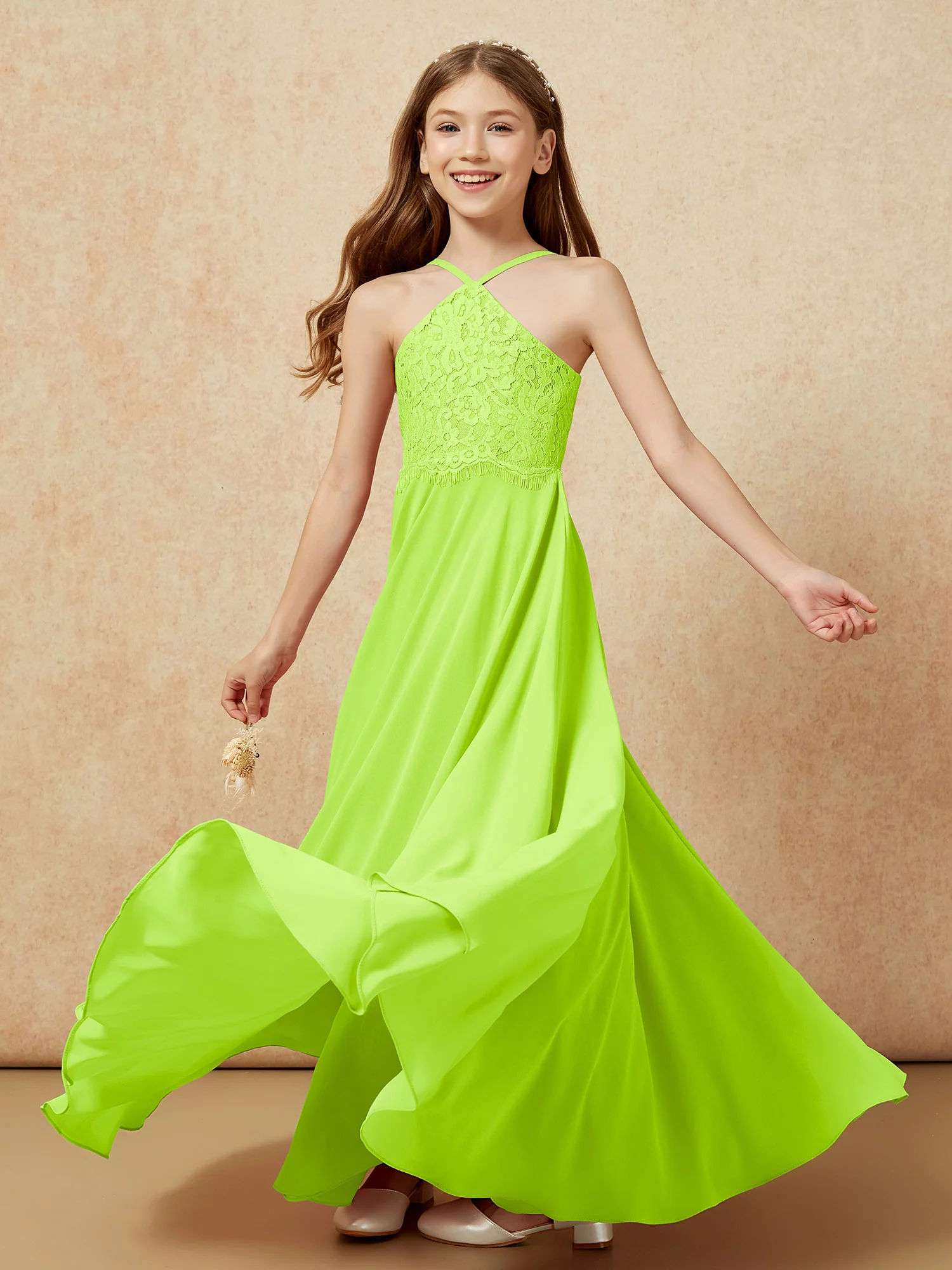 Halter Lace Top Long Chiffon Junior Bridesmaid Dress Lime Green - Image 6