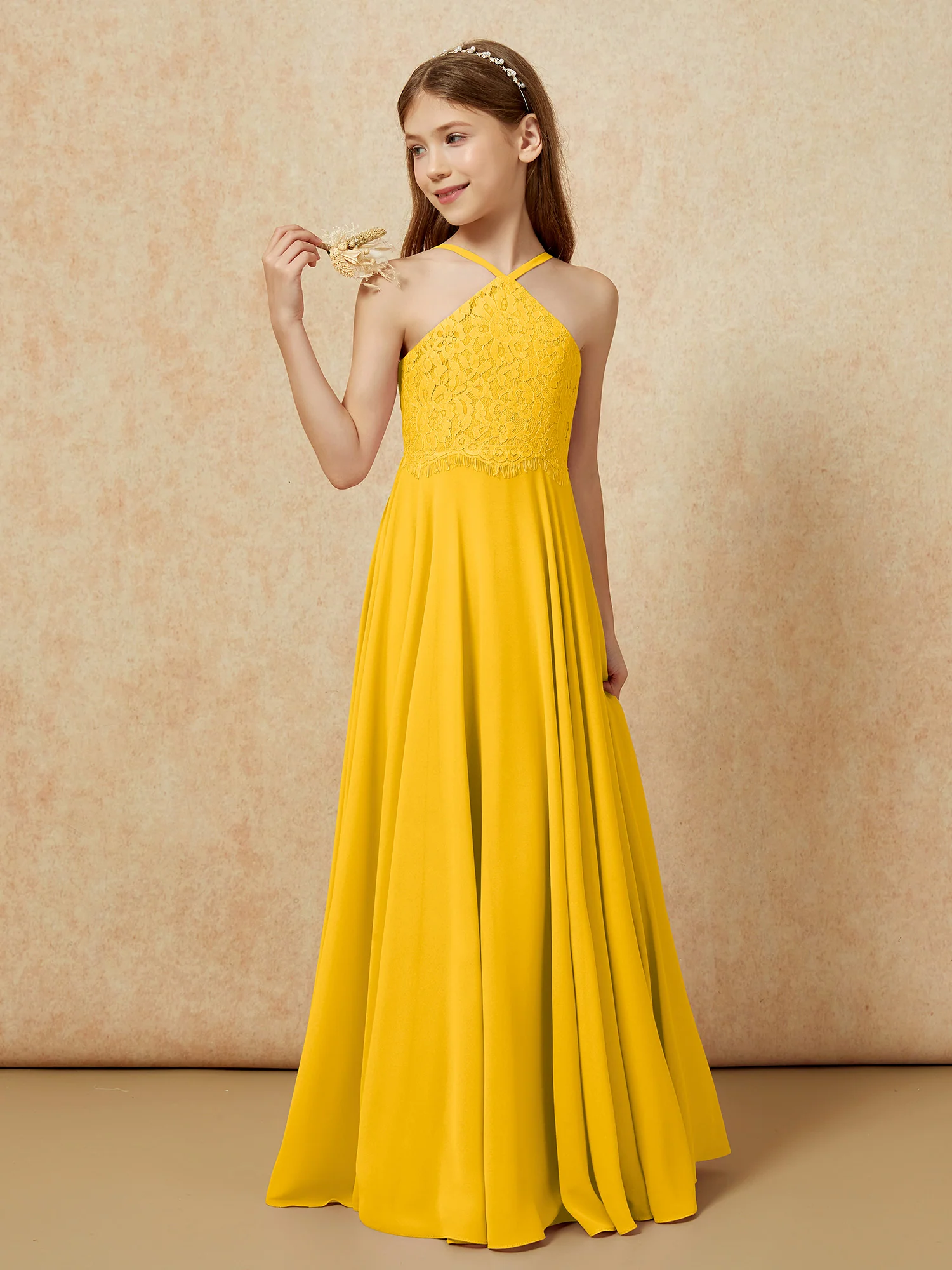 Halter Lace Top Long Chiffon Junior Bridesmaid Dress Marigold - Image 3
