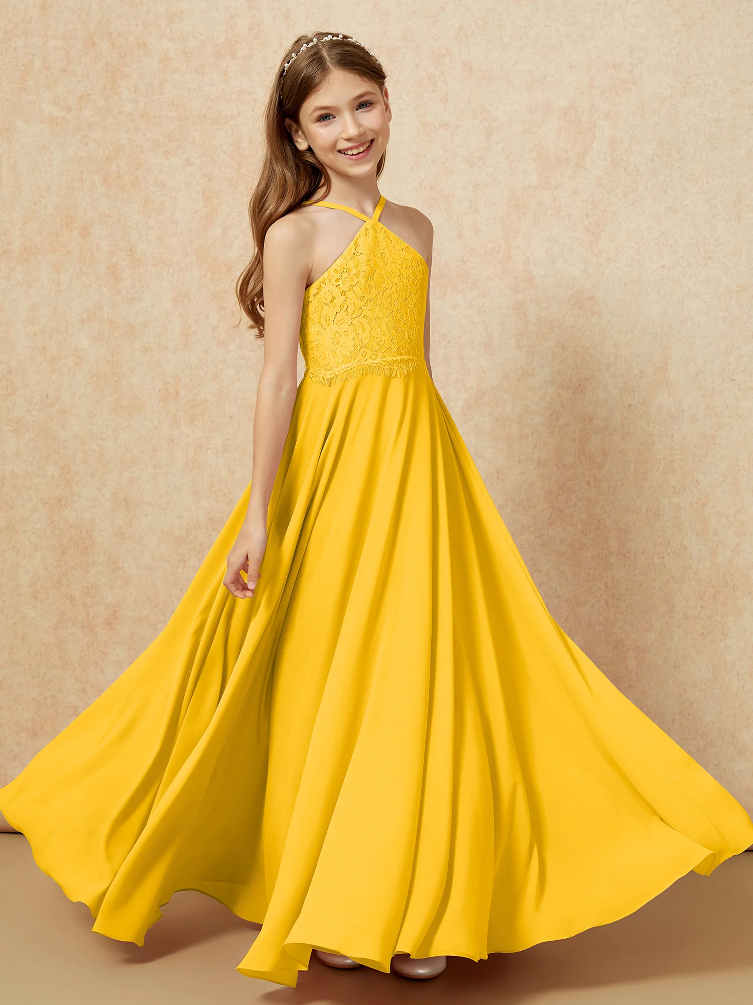 Halter Lace Top Long Chiffon Junior Bridesmaid Dress Marigold - Image 4