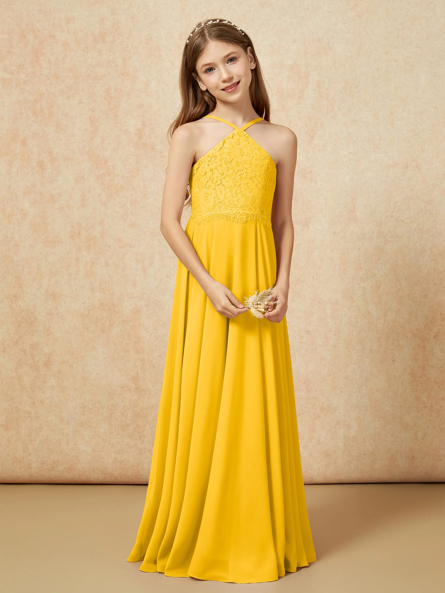 Halter Lace Top Long Chiffon Junior Bridesmaid Dress Marigold - Image 5