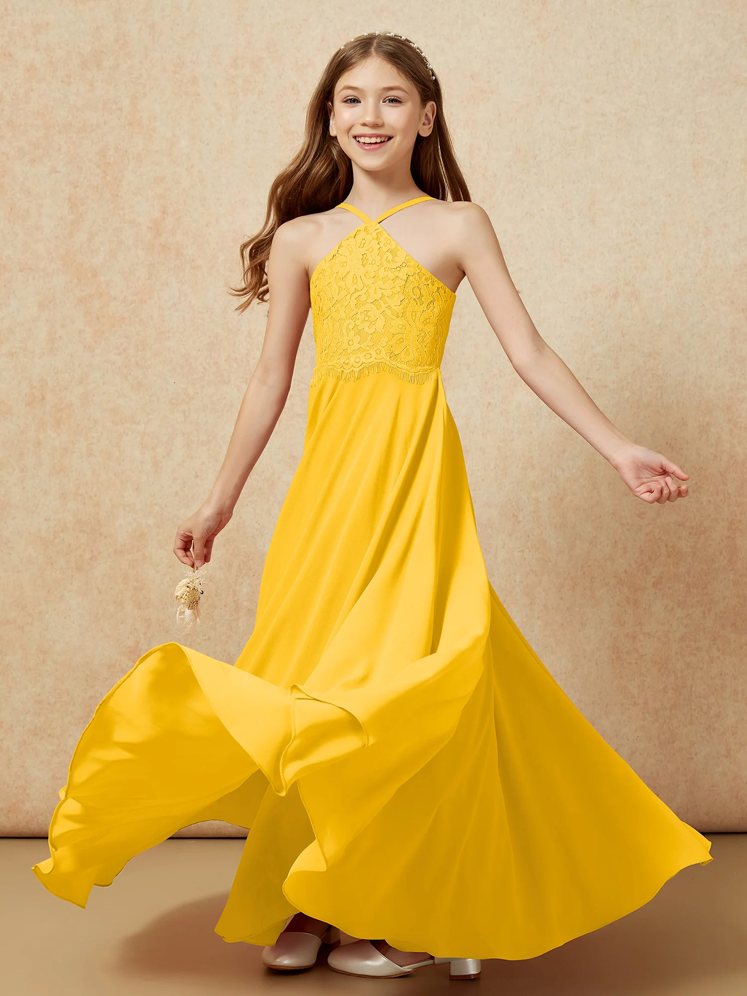 Halter Lace Top Long Chiffon Junior Bridesmaid Dress Marigold - Image 6