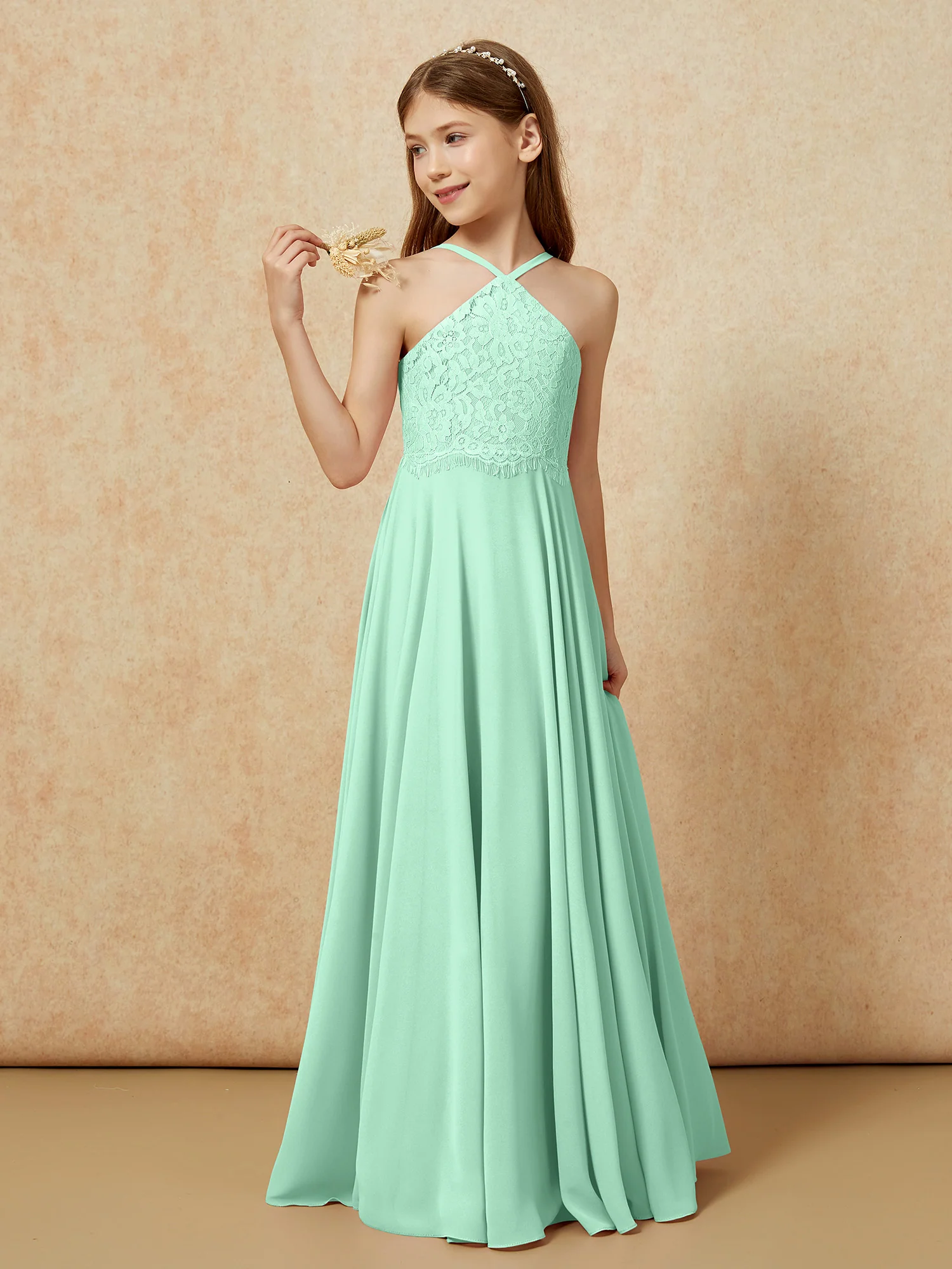 Halter Lace Top Long Chiffon Junior Bridesmaid Dress Mint Green - Image 3