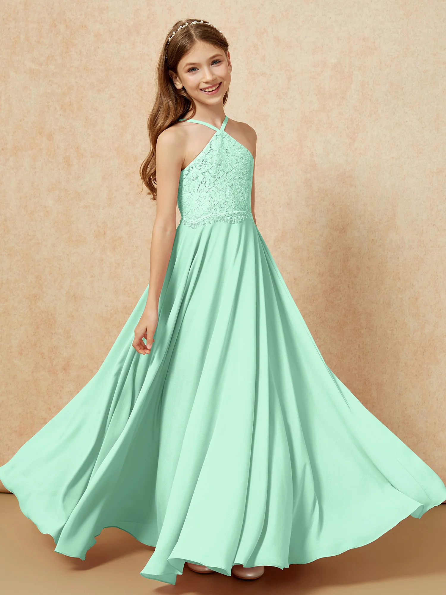 Halter Lace Top Long Chiffon Junior Bridesmaid Dress Mint Green - Image 4