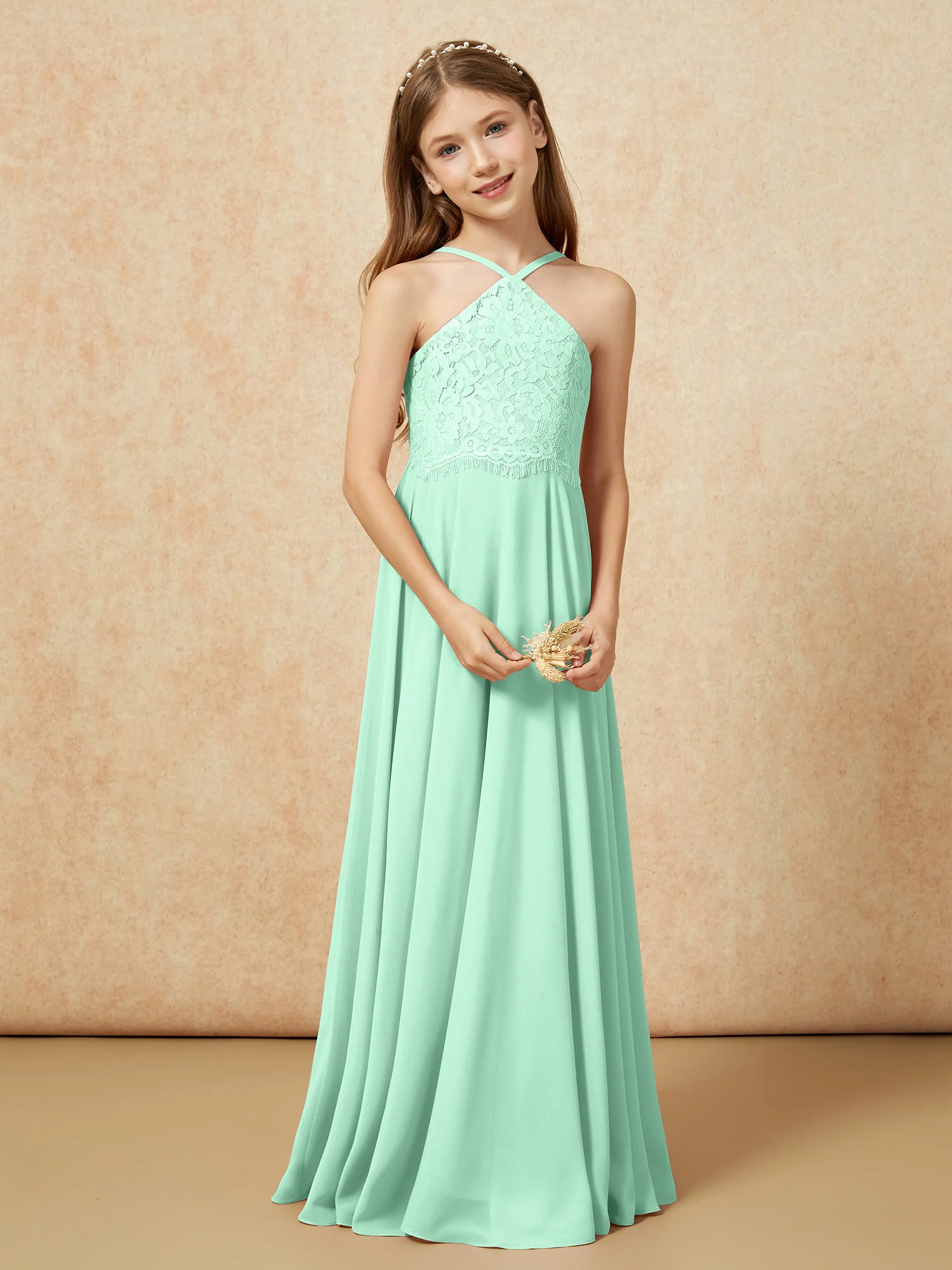 Halter Lace Top Long Chiffon Junior Bridesmaid Dress Mint Green - Image 5