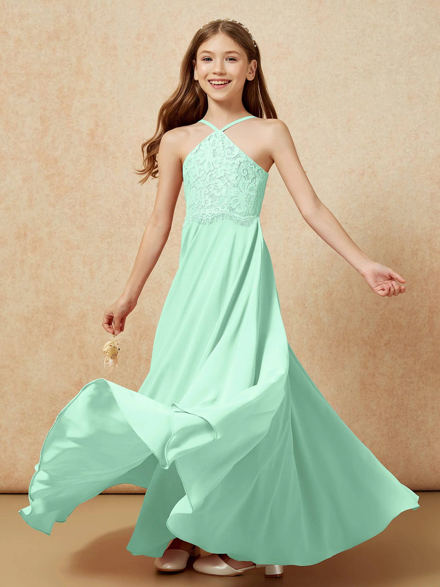 Halter Lace Top Long Chiffon Junior Bridesmaid Dress Mint Green - Image 6