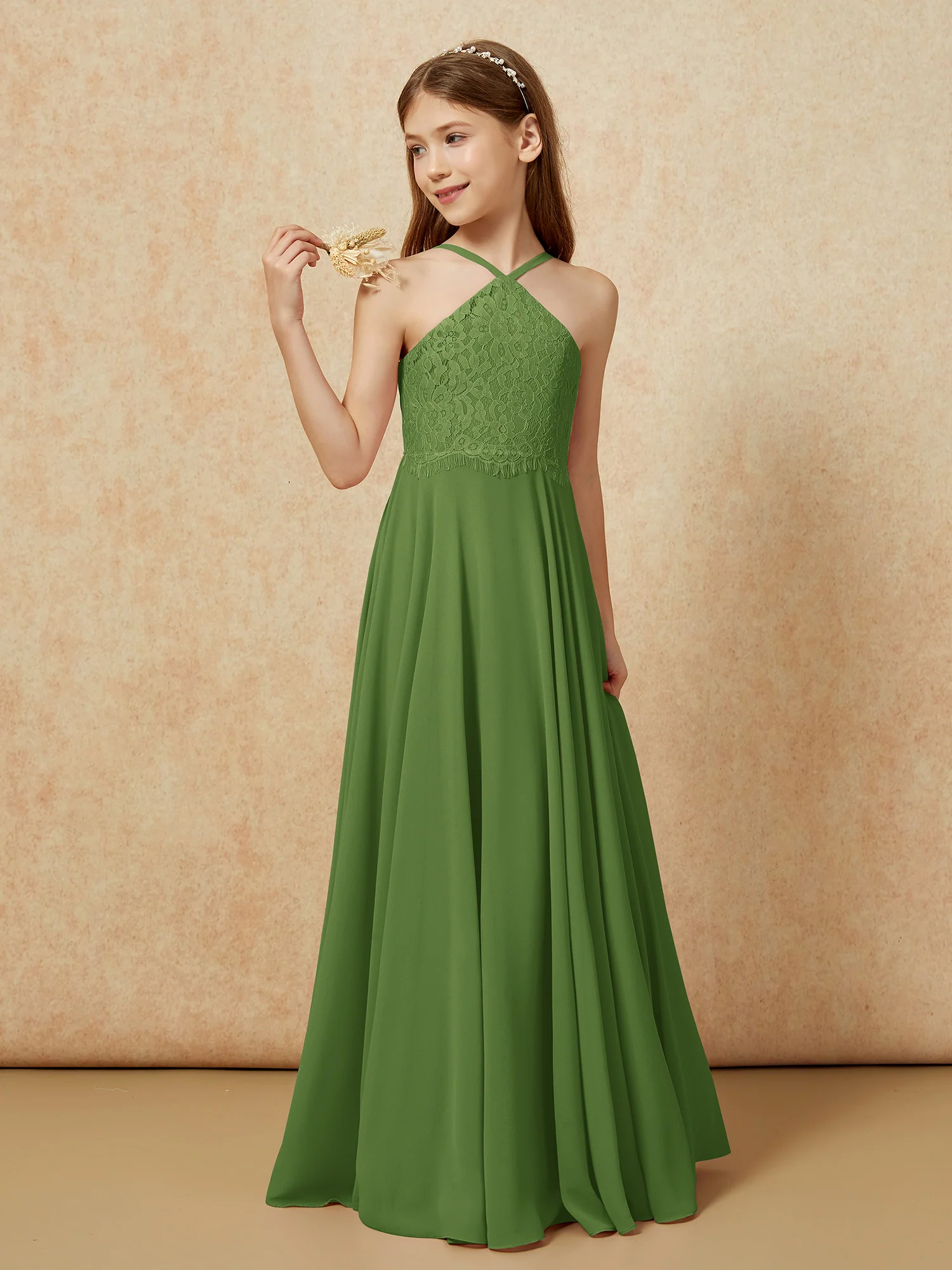Halter Lace Top Long Chiffon Junior Bridesmaid Dress Moss - Image 3