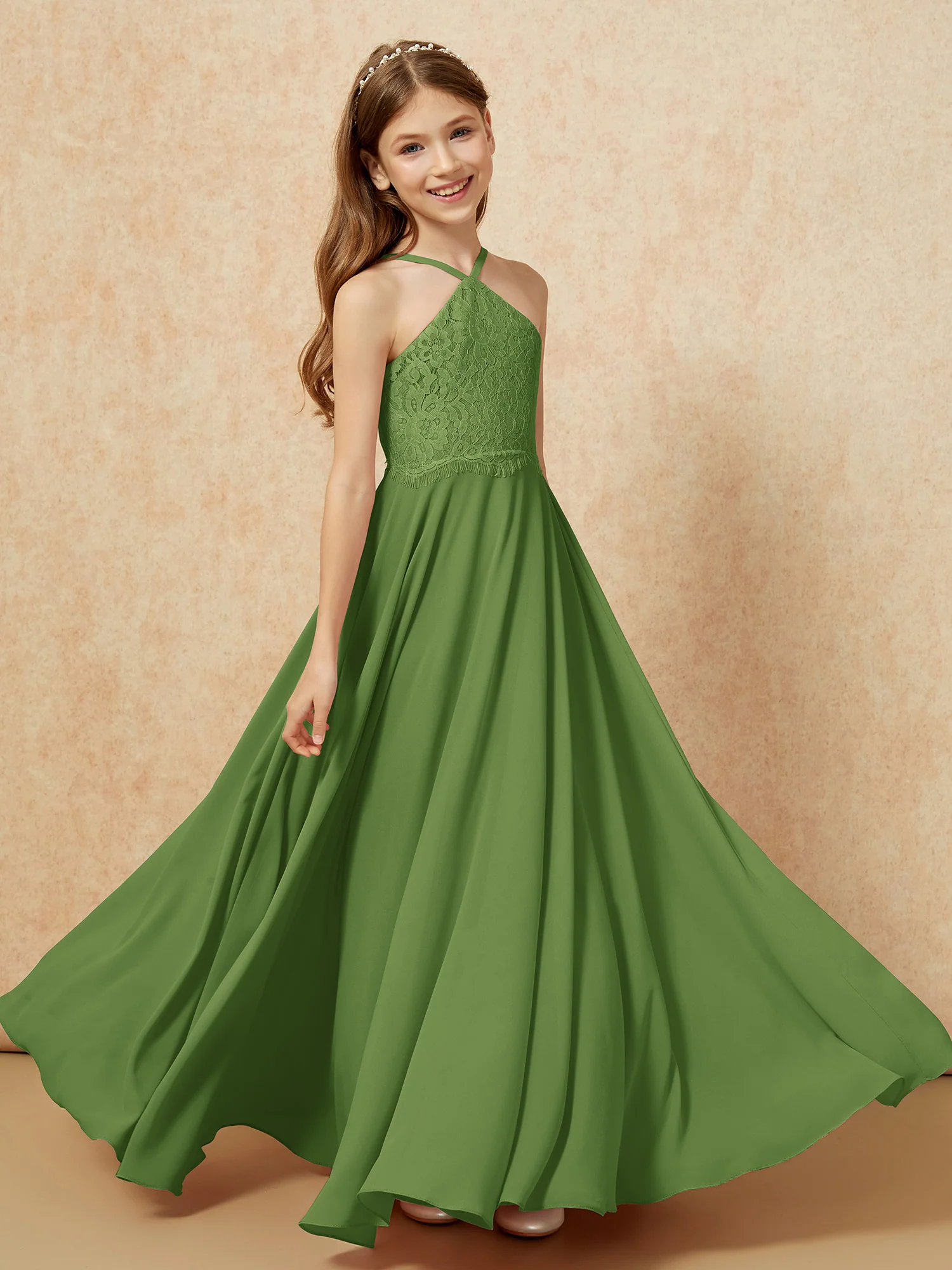 Halter Lace Top Long Chiffon Junior Bridesmaid Dress Moss - Image 4