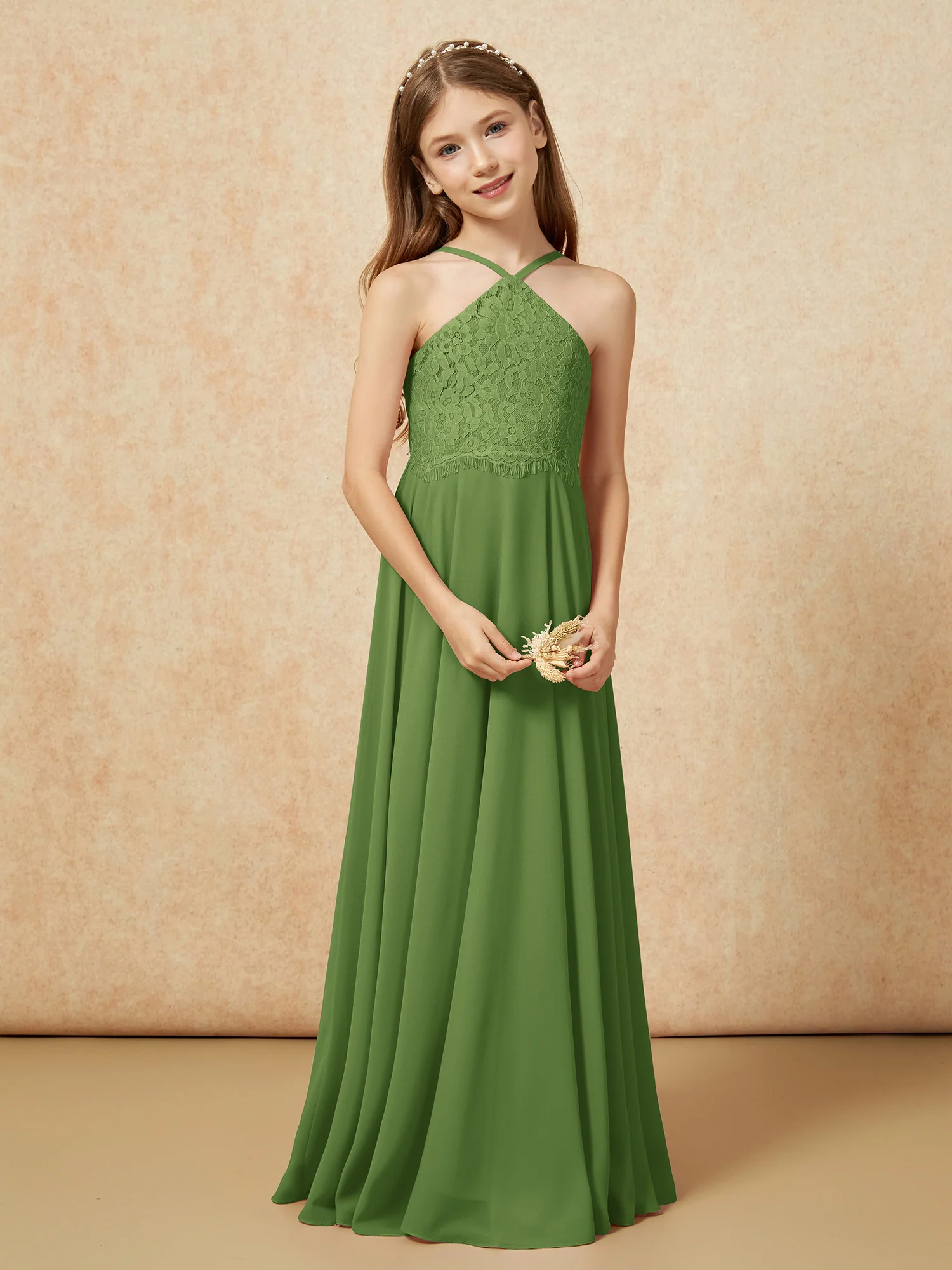 Halter Lace Top Long Chiffon Junior Bridesmaid Dress Moss - Image 5