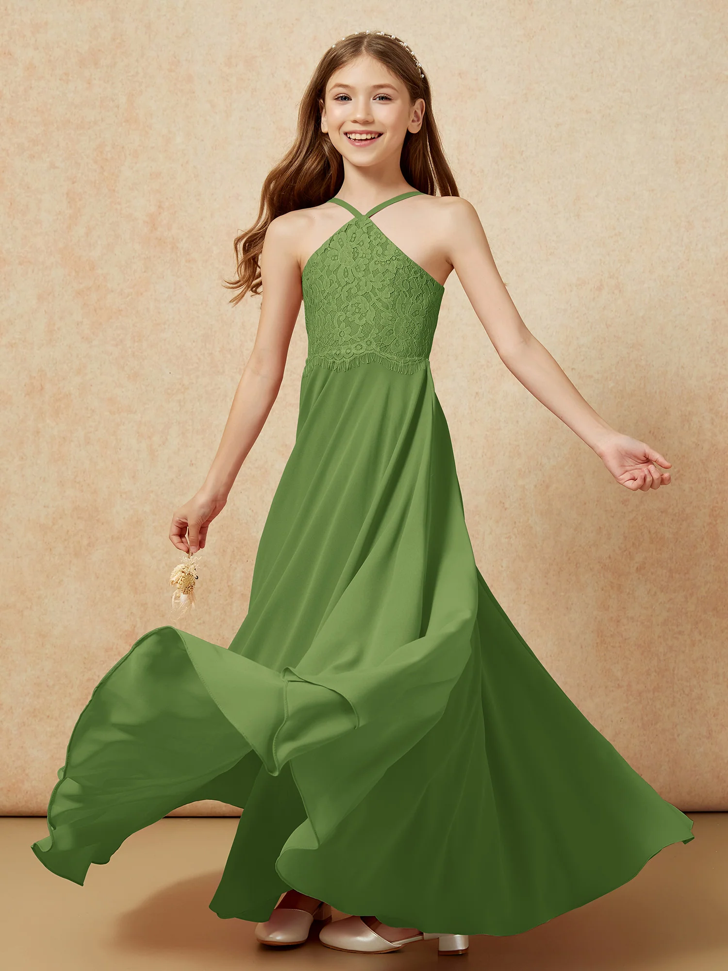 Halter Lace Top Long Chiffon Junior Bridesmaid Dress Moss - Image 6