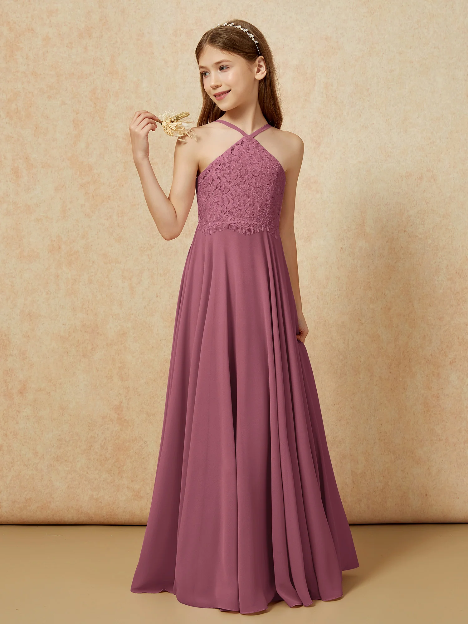 Halter Lace Top Long Chiffon Junior Bridesmaid Dress Mulberry - Image 3