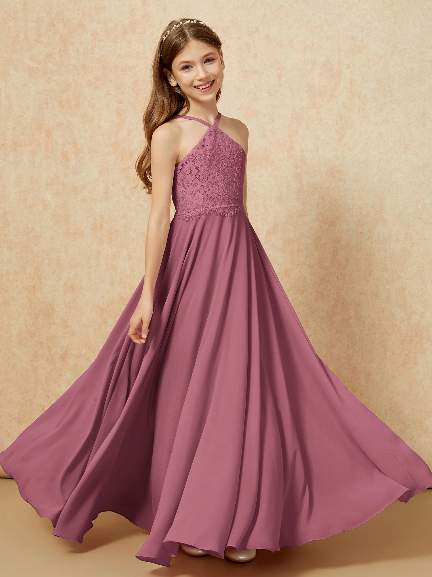Halter Lace Top Long Chiffon Junior Bridesmaid Dress Mulberry - Image 4