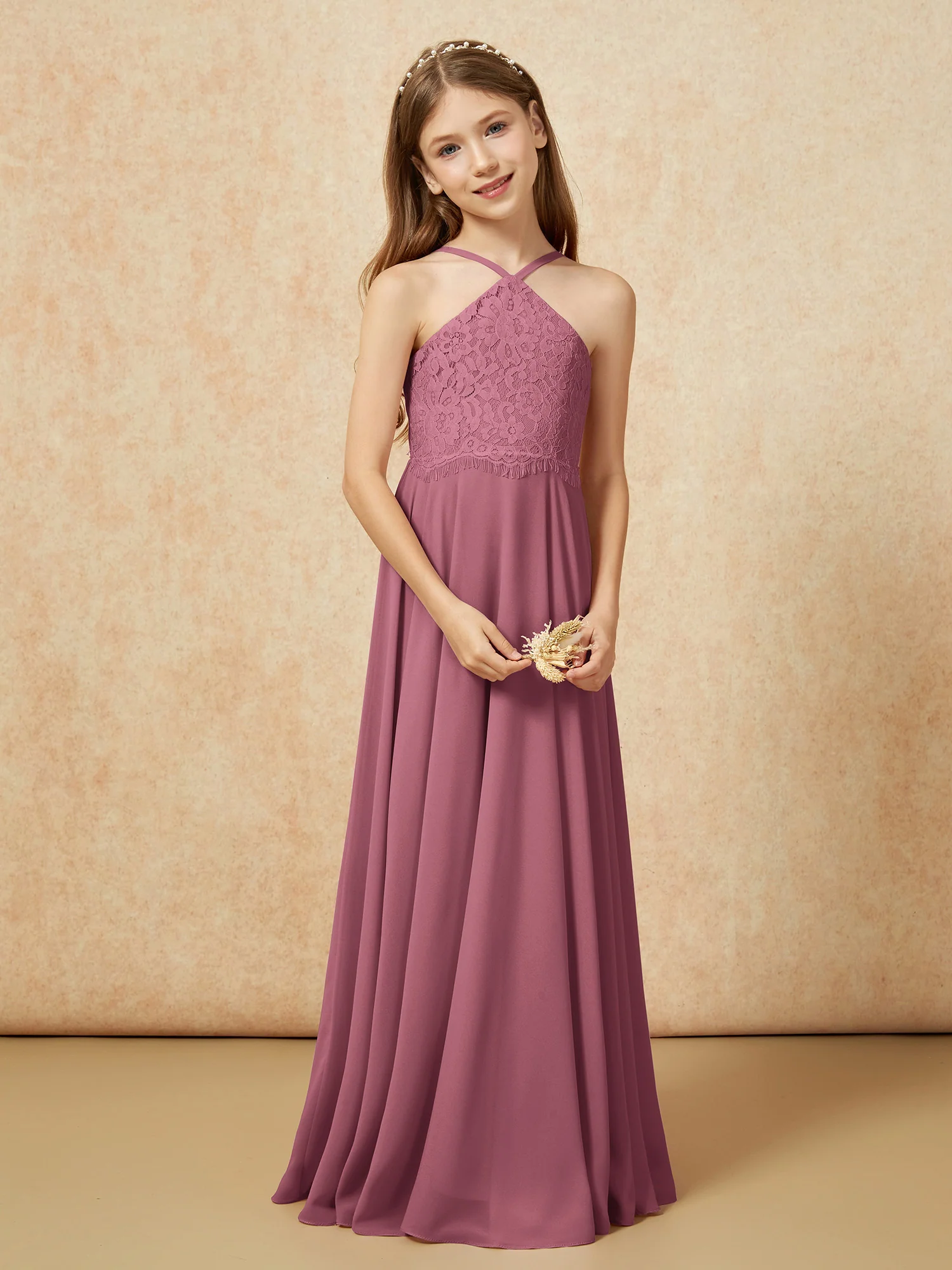 Halter Lace Top Long Chiffon Junior Bridesmaid Dress Mulberry - Image 5