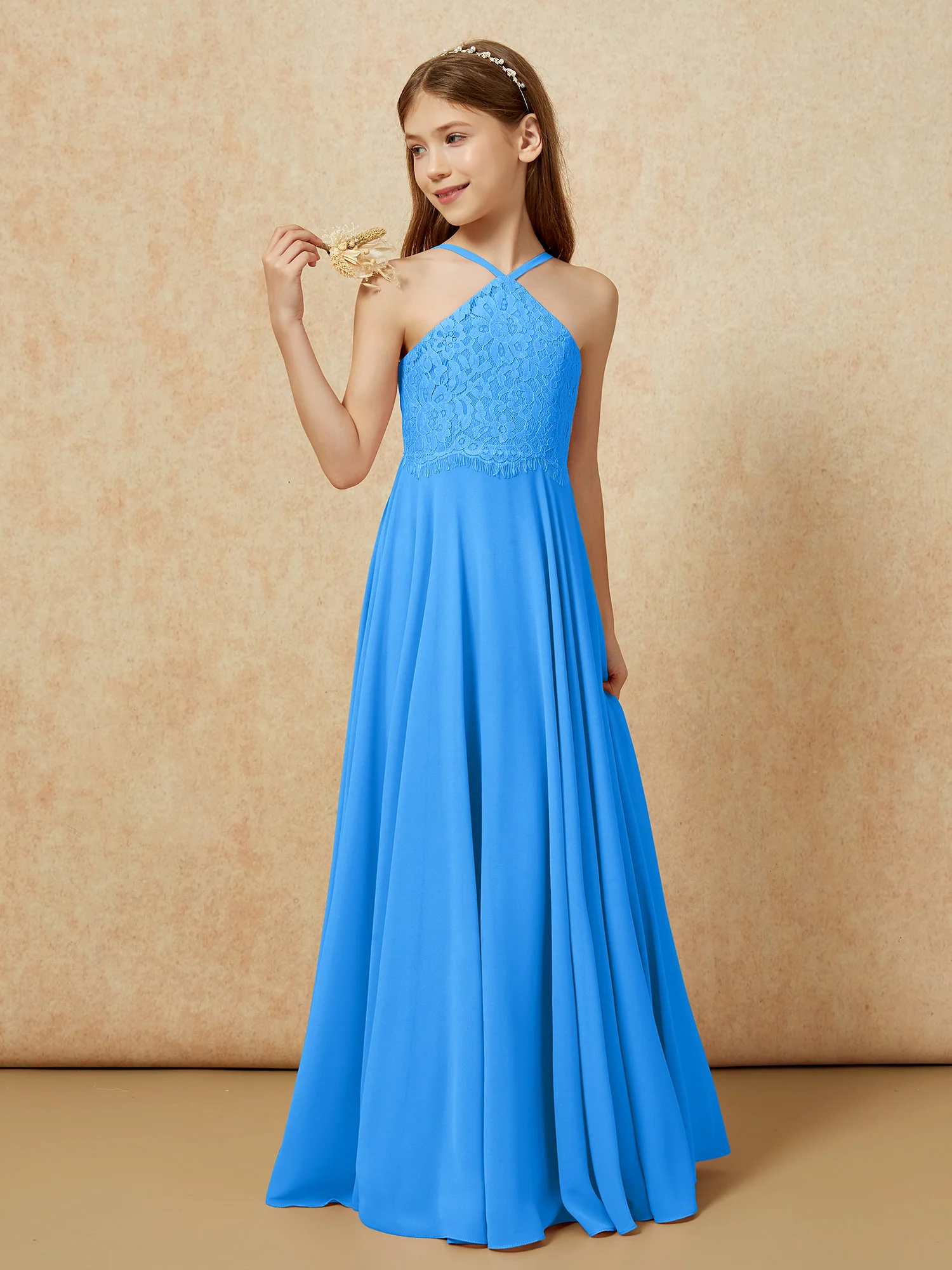 Halter Lace Top Long Chiffon Junior Bridesmaid Dress Ocean Blue - Image 3