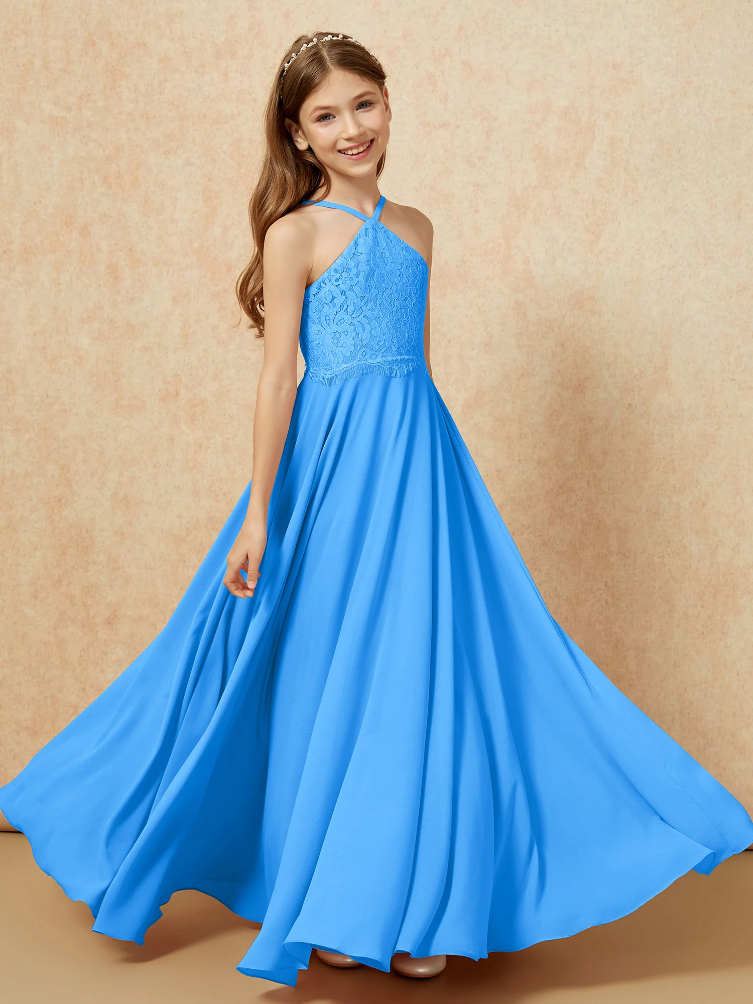 Halter Lace Top Long Chiffon Junior Bridesmaid Dress Ocean Blue - Image 4