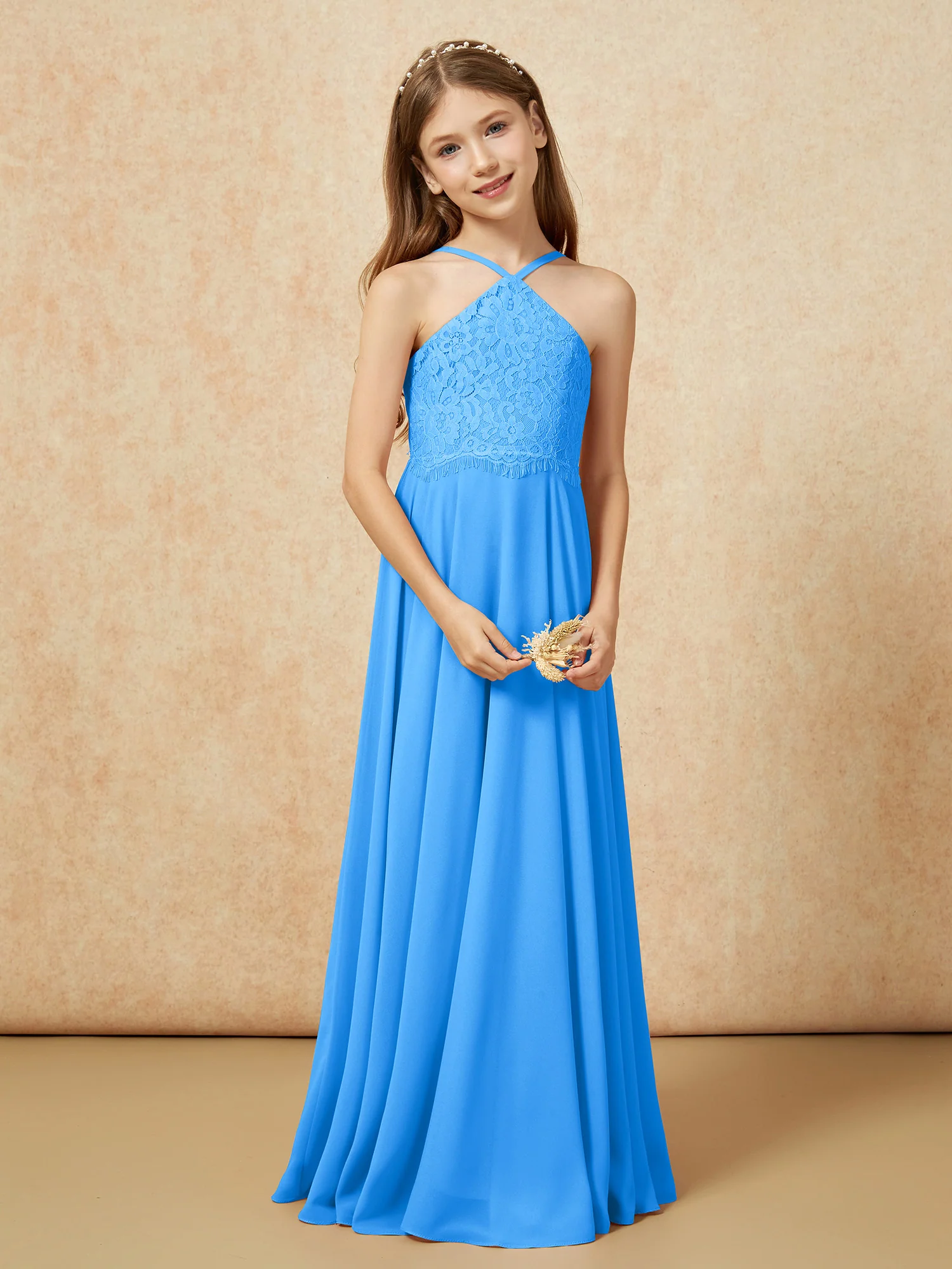 Halter Lace Top Long Chiffon Junior Bridesmaid Dress Ocean Blue - Image 5