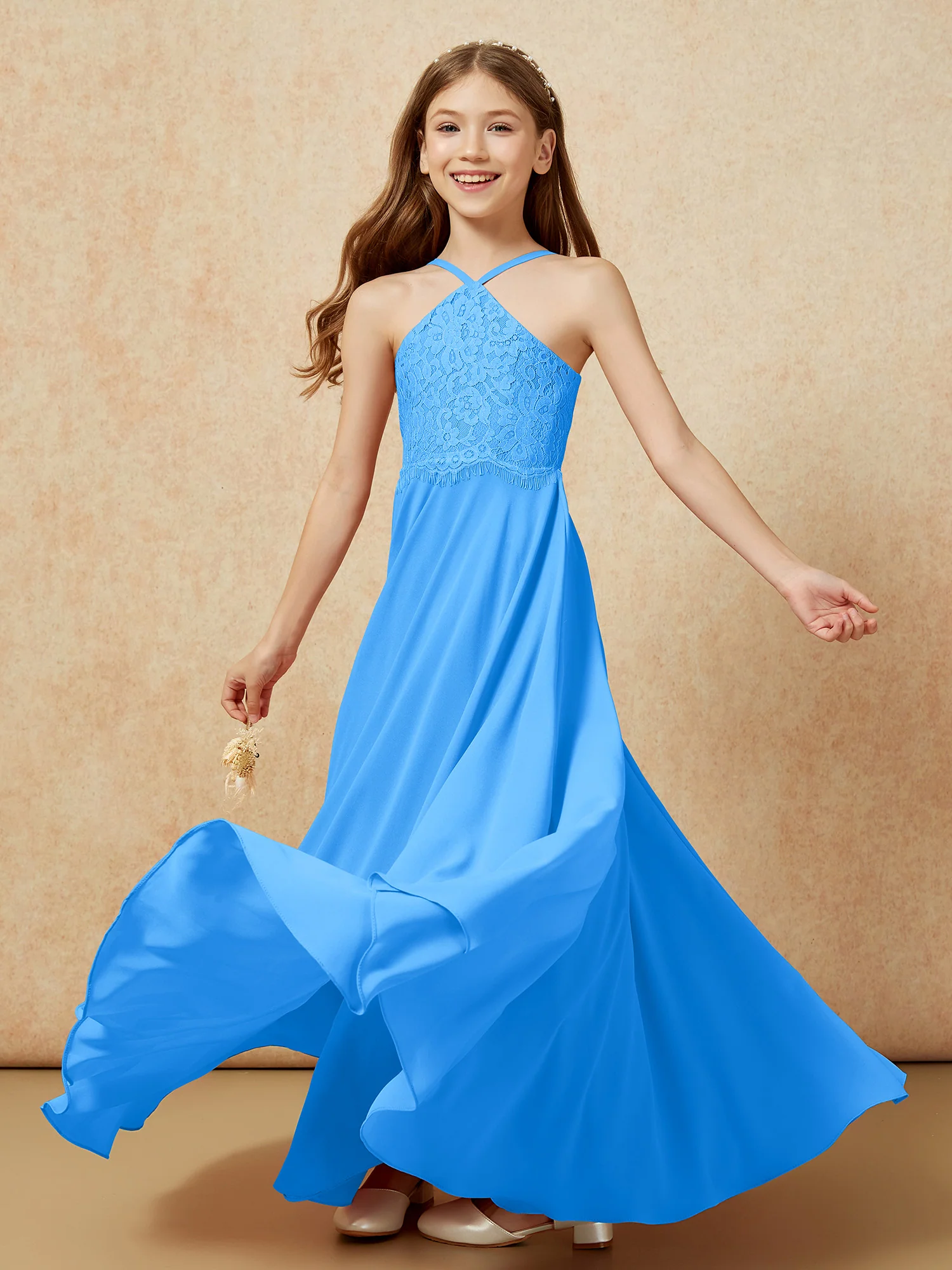 Halter Lace Top Long Chiffon Junior Bridesmaid Dress Ocean Blue - Image 6