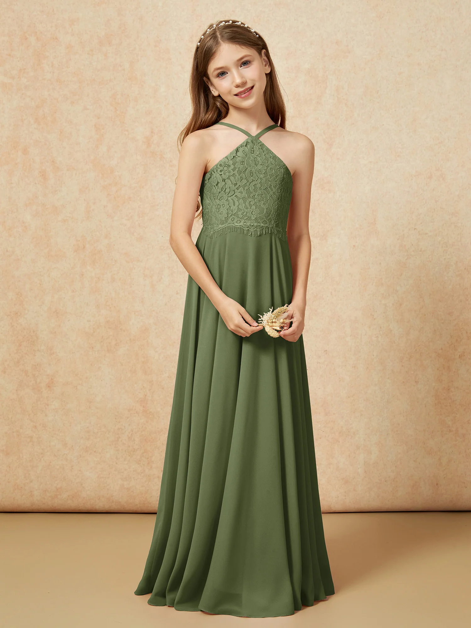 Halter Lace Top Long Chiffon Junior Bridesmaid Dress Olive Green - Image 5